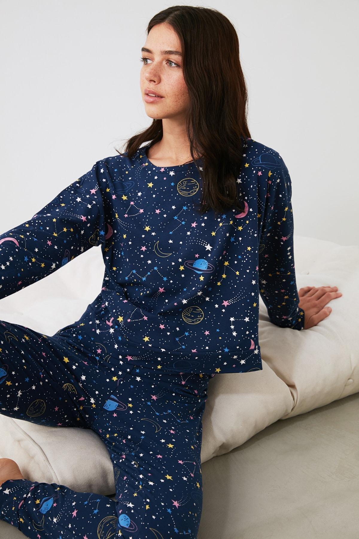 Navy Geometric Pattern Pajama Set, Dark blue, large image number 7