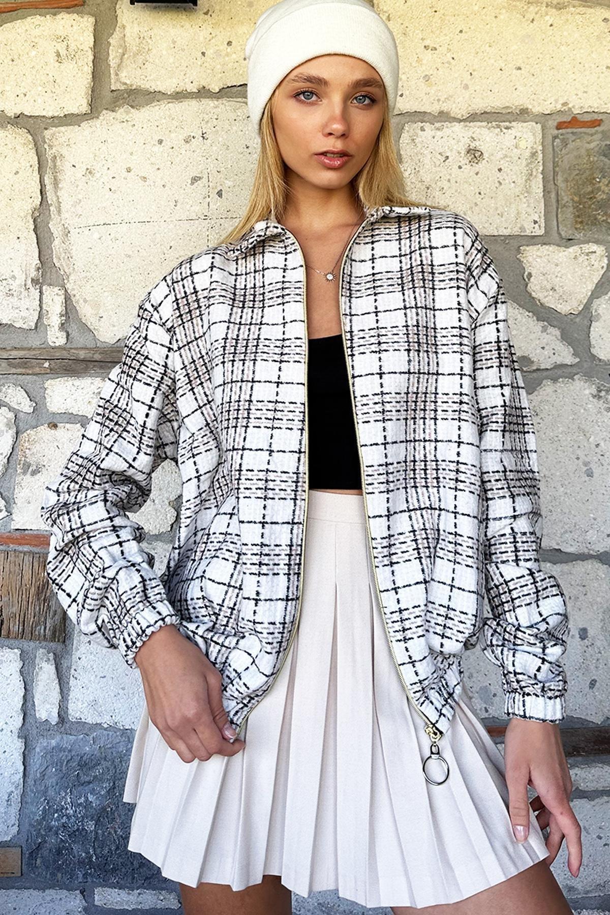 Womens Ecru Patterned Zippered Elastic Waist Seasonal Bomber Jacket ALC-X10775, single, , large image number 1