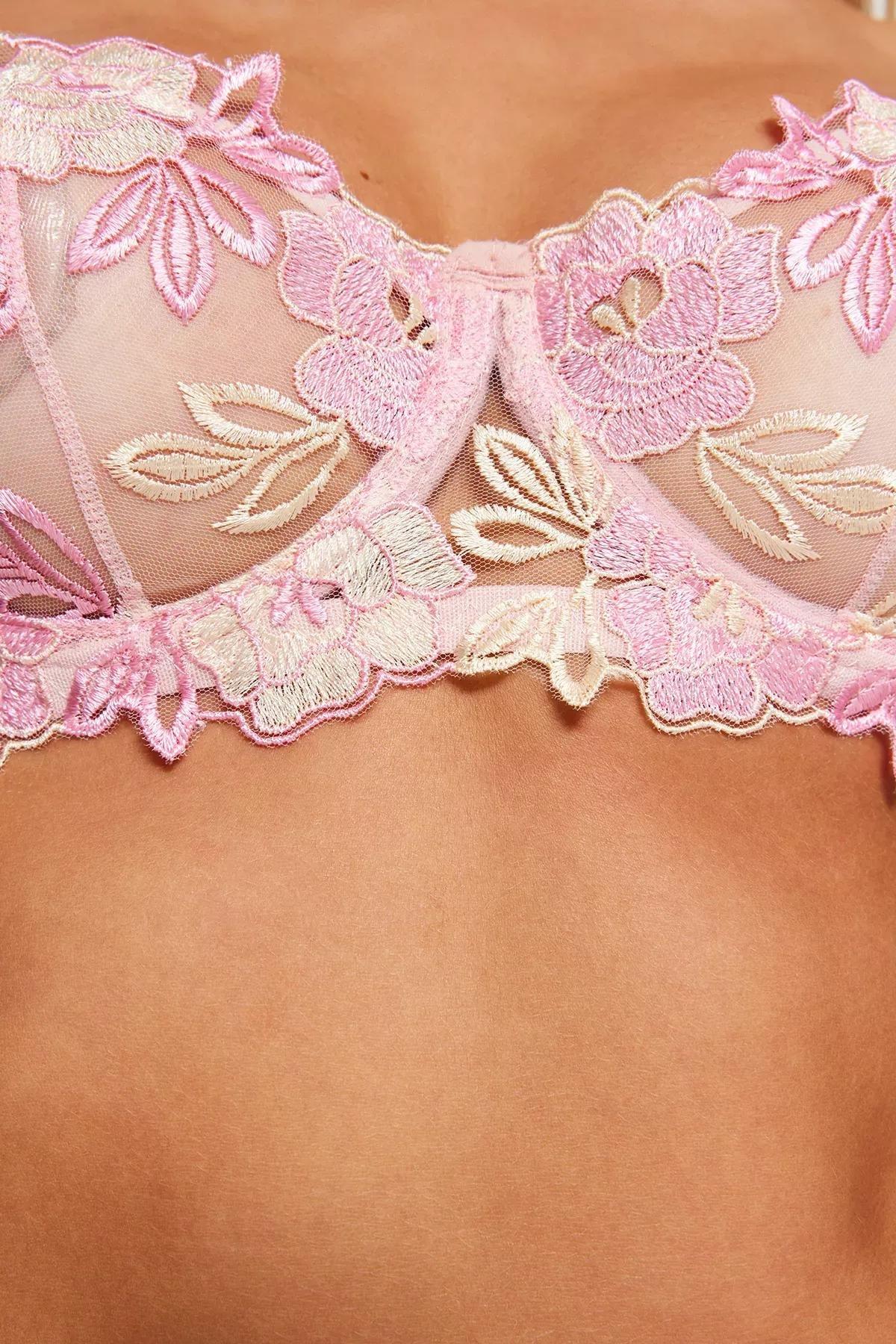 طقم ملابس داخلية دانتيل مطرزة بدون بطانة، وردي, Pink, large image number 5