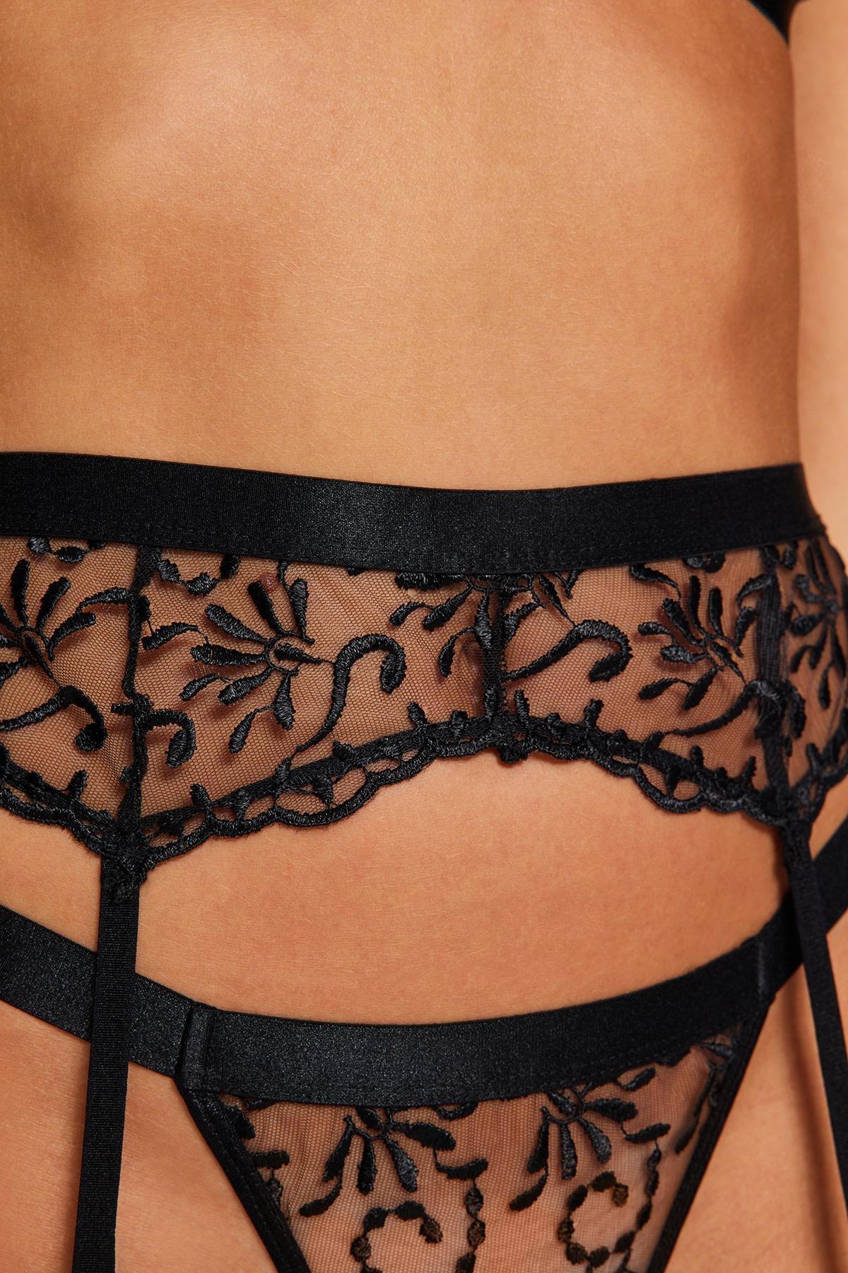 Black Embroidered Lace Garter Underwear Co-Ord Set, , large image number 3