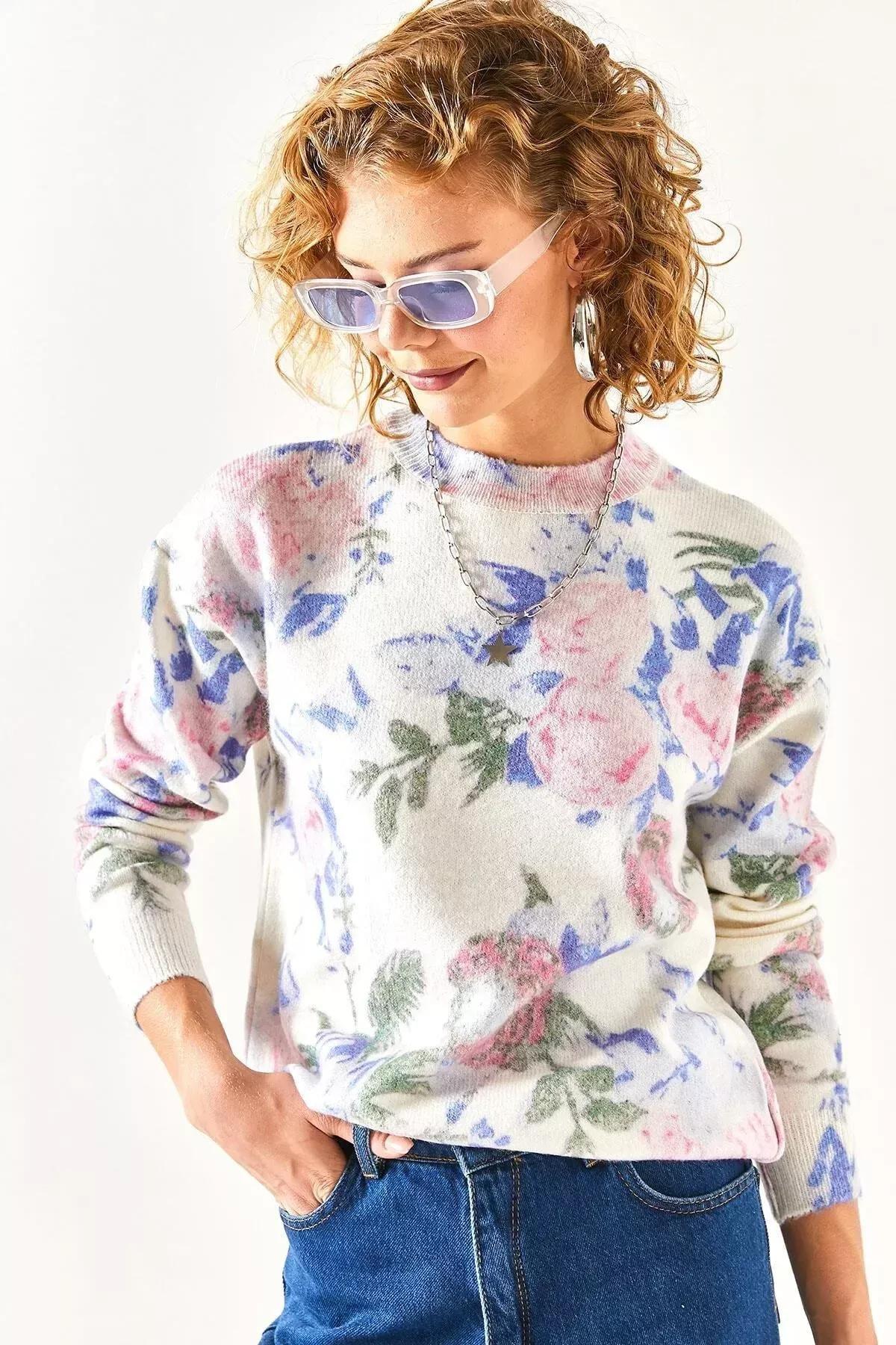 Multicolour Patterned Premium Knitwear Sweater, Ecru Sax Blue, large image number 1
