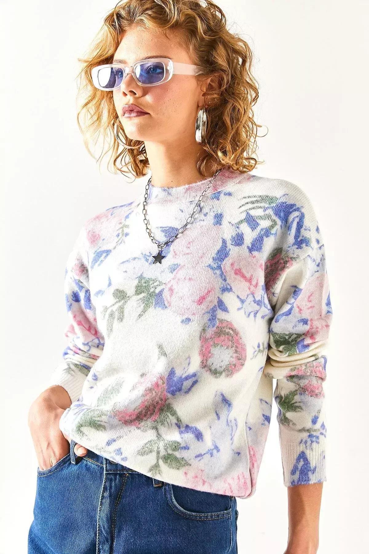 Multicolour Patterned Premium Knitwear Sweater, Ecru Sax Blue, large image number 5