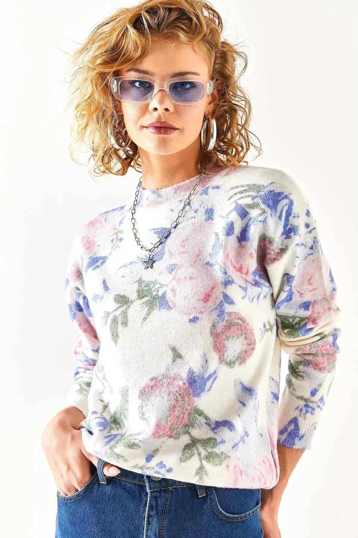 Multicolour Patterned Premium Knitwear Sweater, Ecru Sax Blue, large image number 9