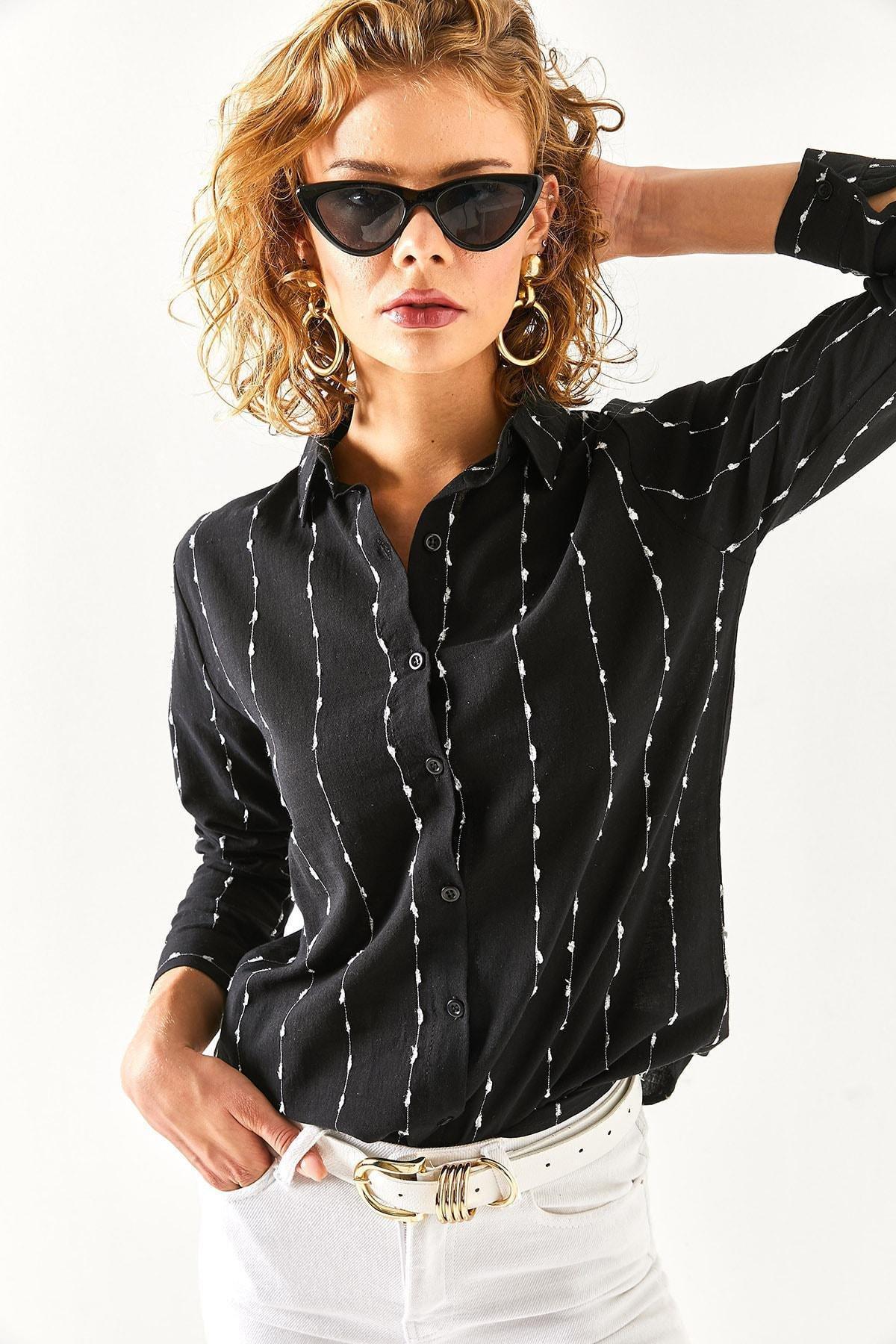 Black Flared Linen Shirt With Stitching Detail, BLACK, large image number 0