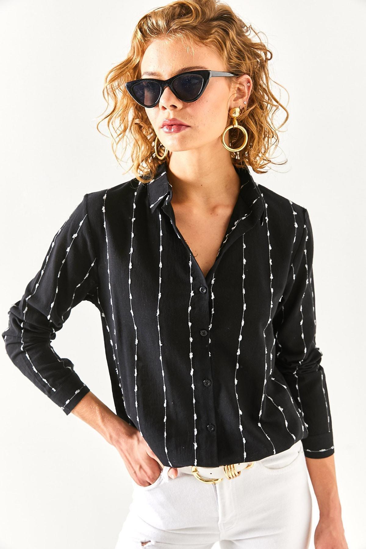 Black Flared Linen Shirt With Stitching Detail, BLACK, large image number 1