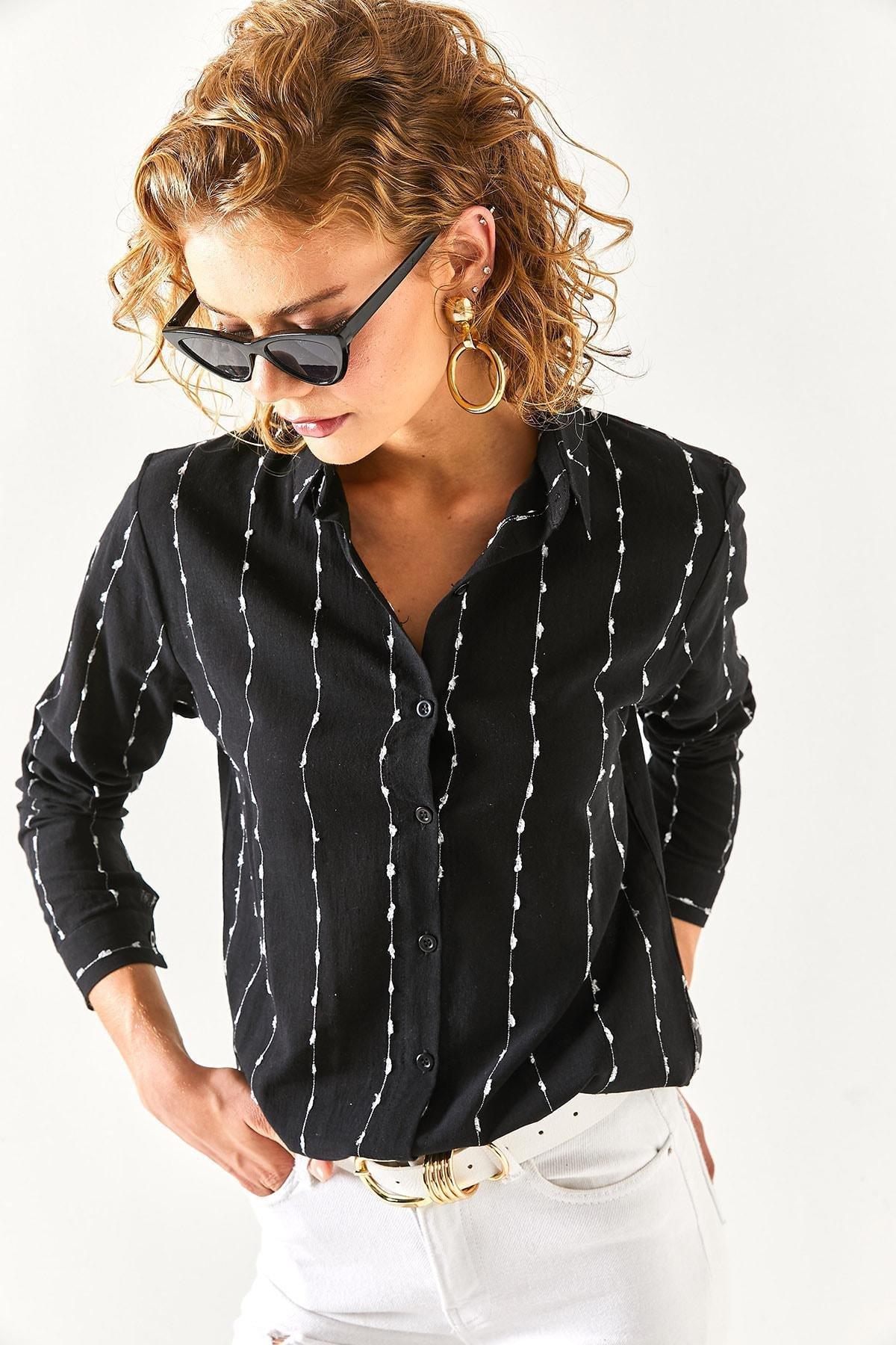 Black Flared Linen Shirt With Stitching Detail, BLACK, large image number 2