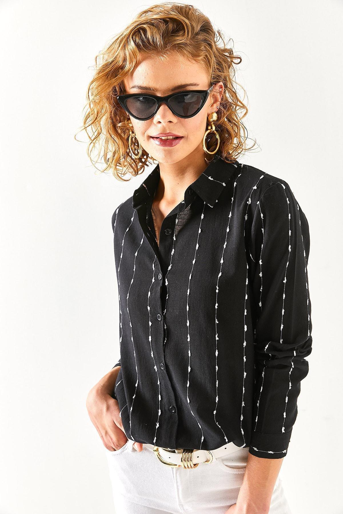 Black Flared Linen Shirt With Stitching Detail, BLACK, large image number 3