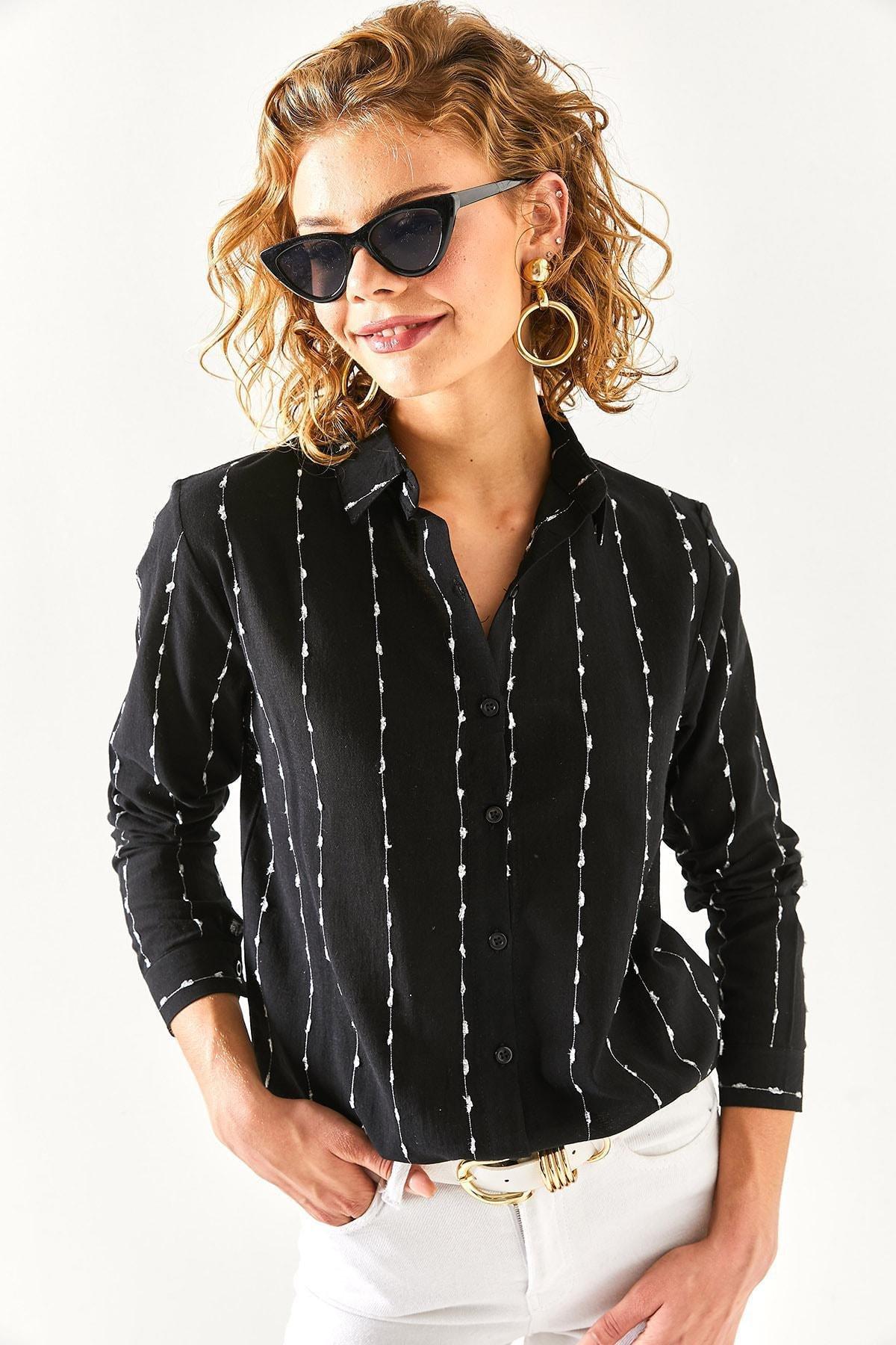 Black Flared Linen Shirt With Stitching Detail, BLACK, large image number 4