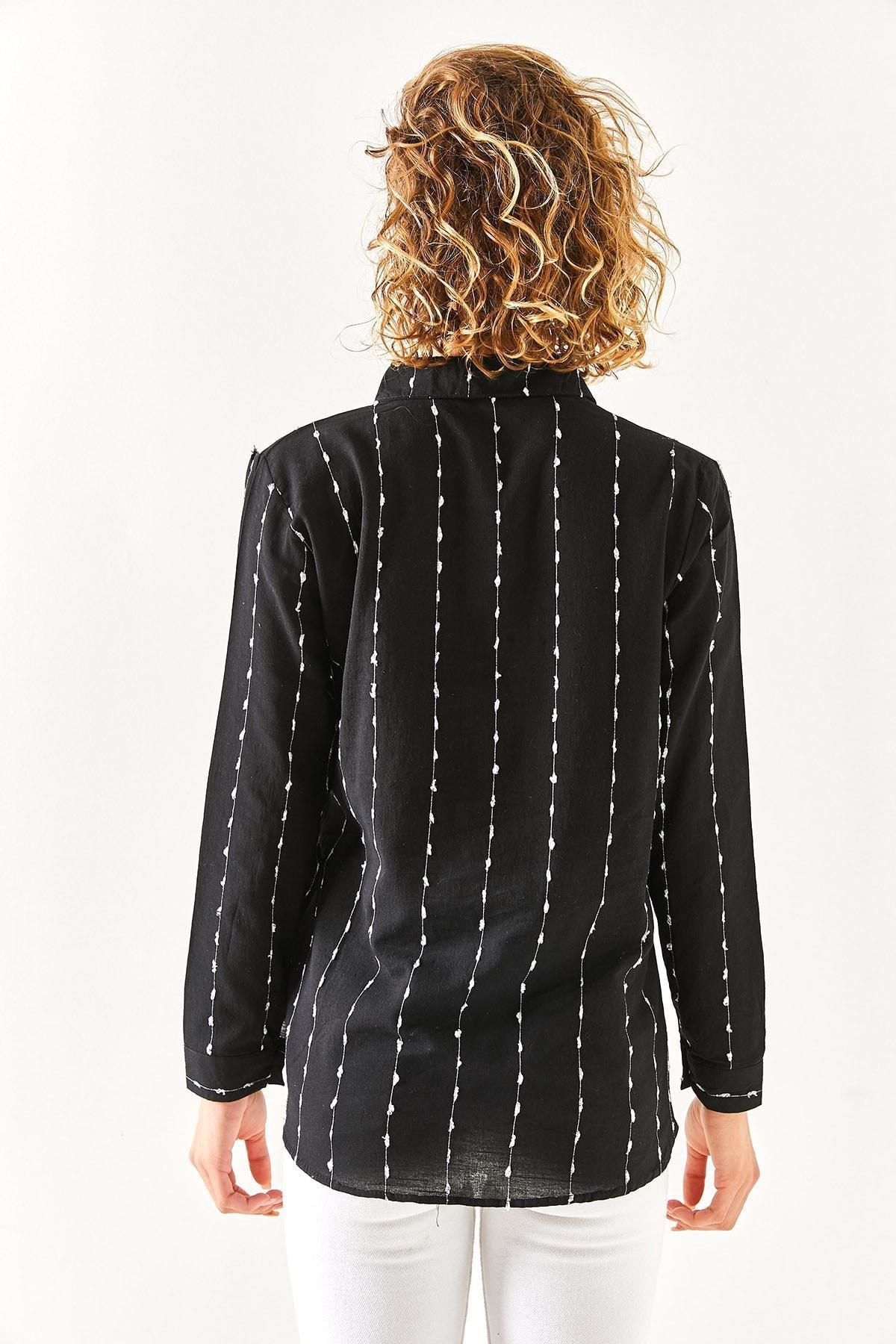 Black Flared Linen Shirt With Stitching Detail, BLACK, large image number 5