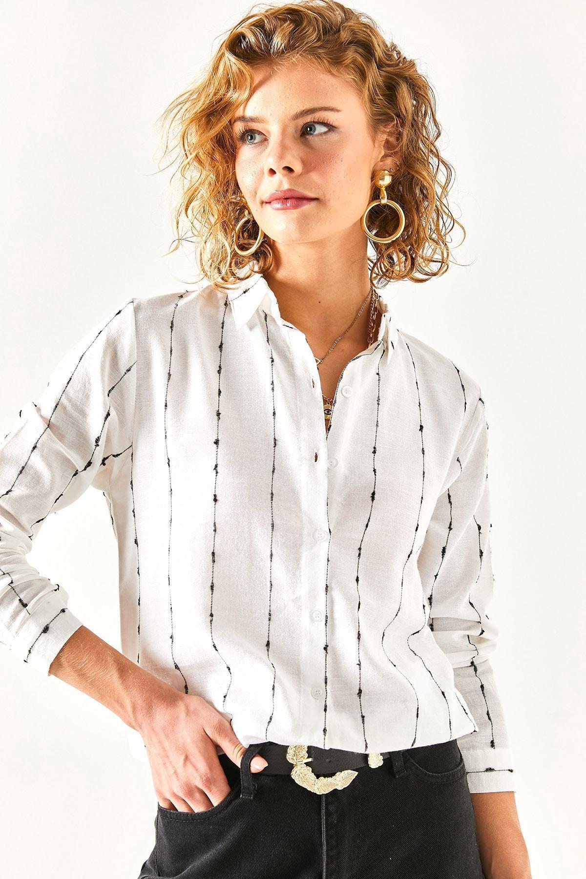 White Flared Linen Shirt With Stitching Detail, , large image number 1