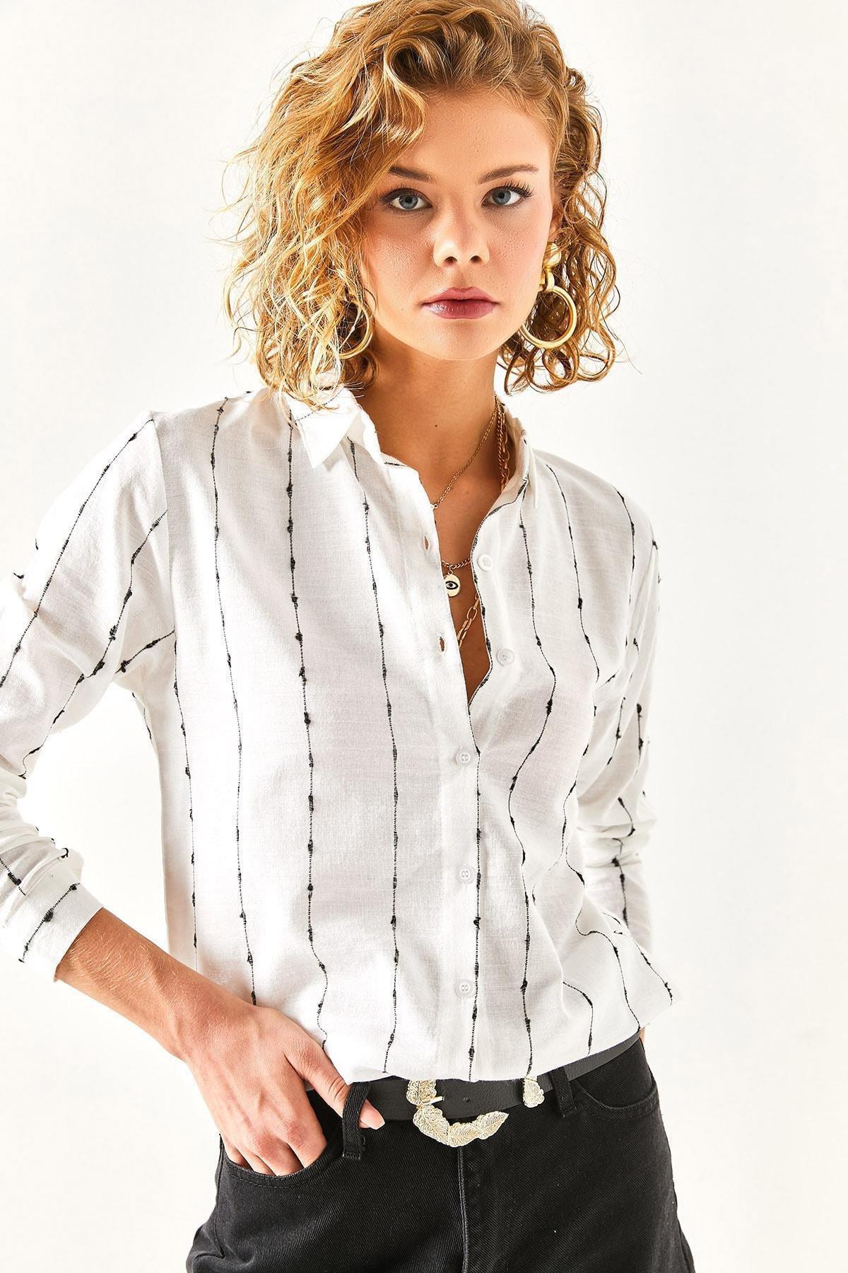 White Flared Linen Shirt With Stitching Detail, , large image number 2