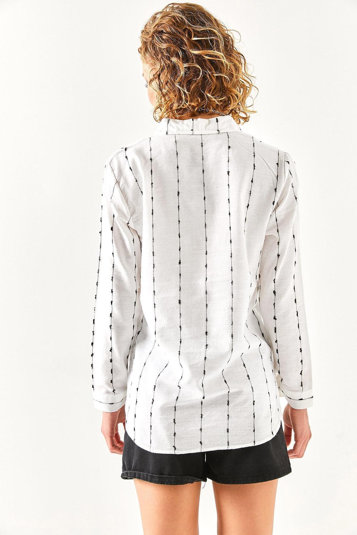 White Flared Linen Shirt With Stitching Detail, , large image number 5