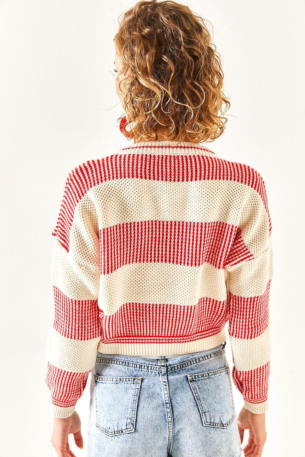 Red Stripe Block Crop Knitwear Sweater, Red, large image number 5