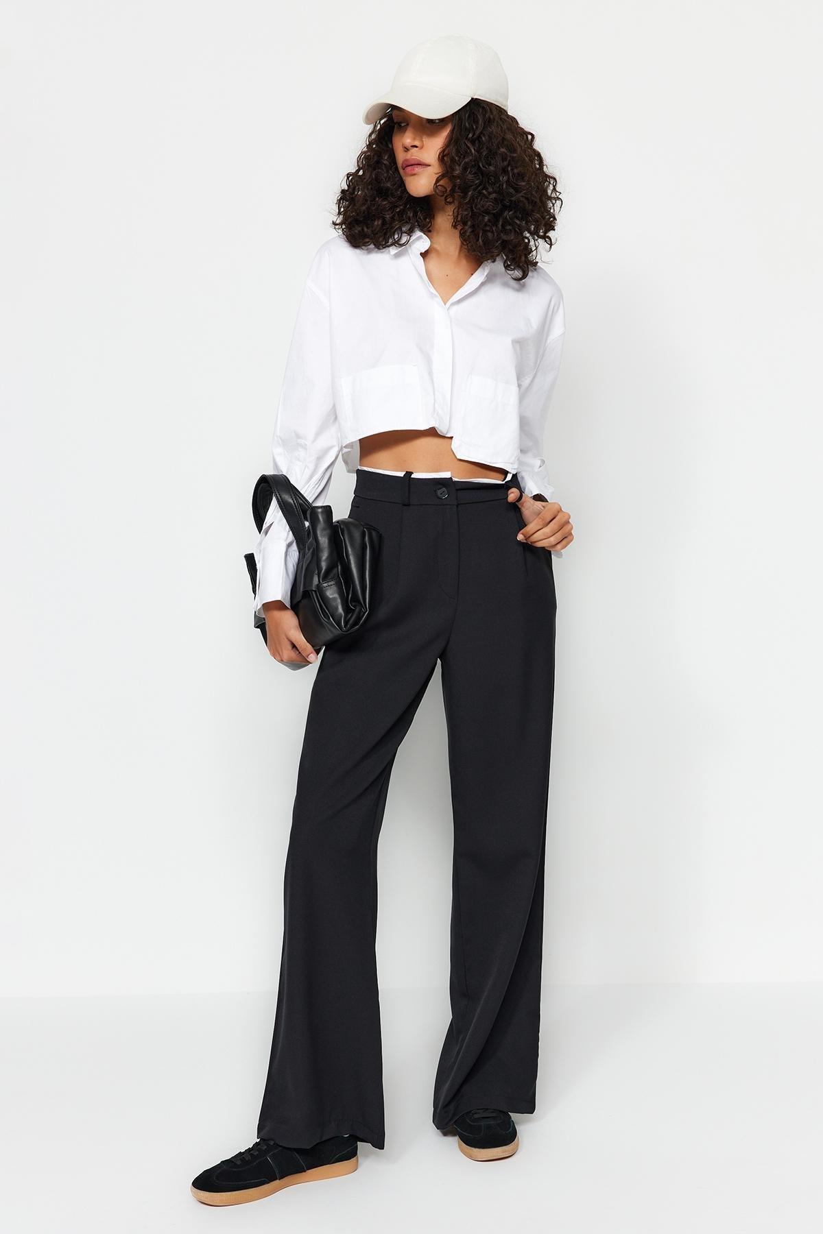 Black Belted Detailed Wide Leg Trousers, , large image number 1