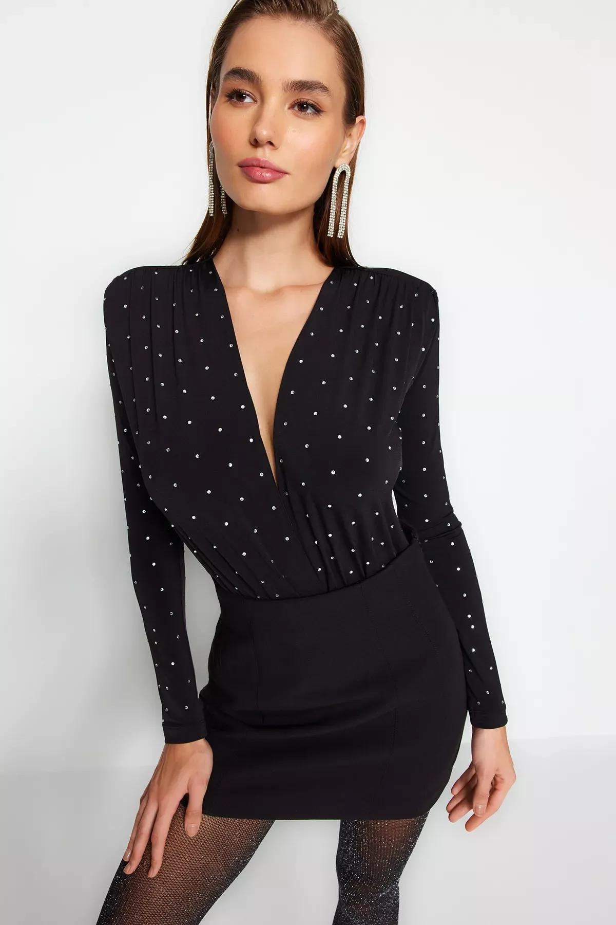 Black Double Breasted Knitted Body, BLACK, large image number 0