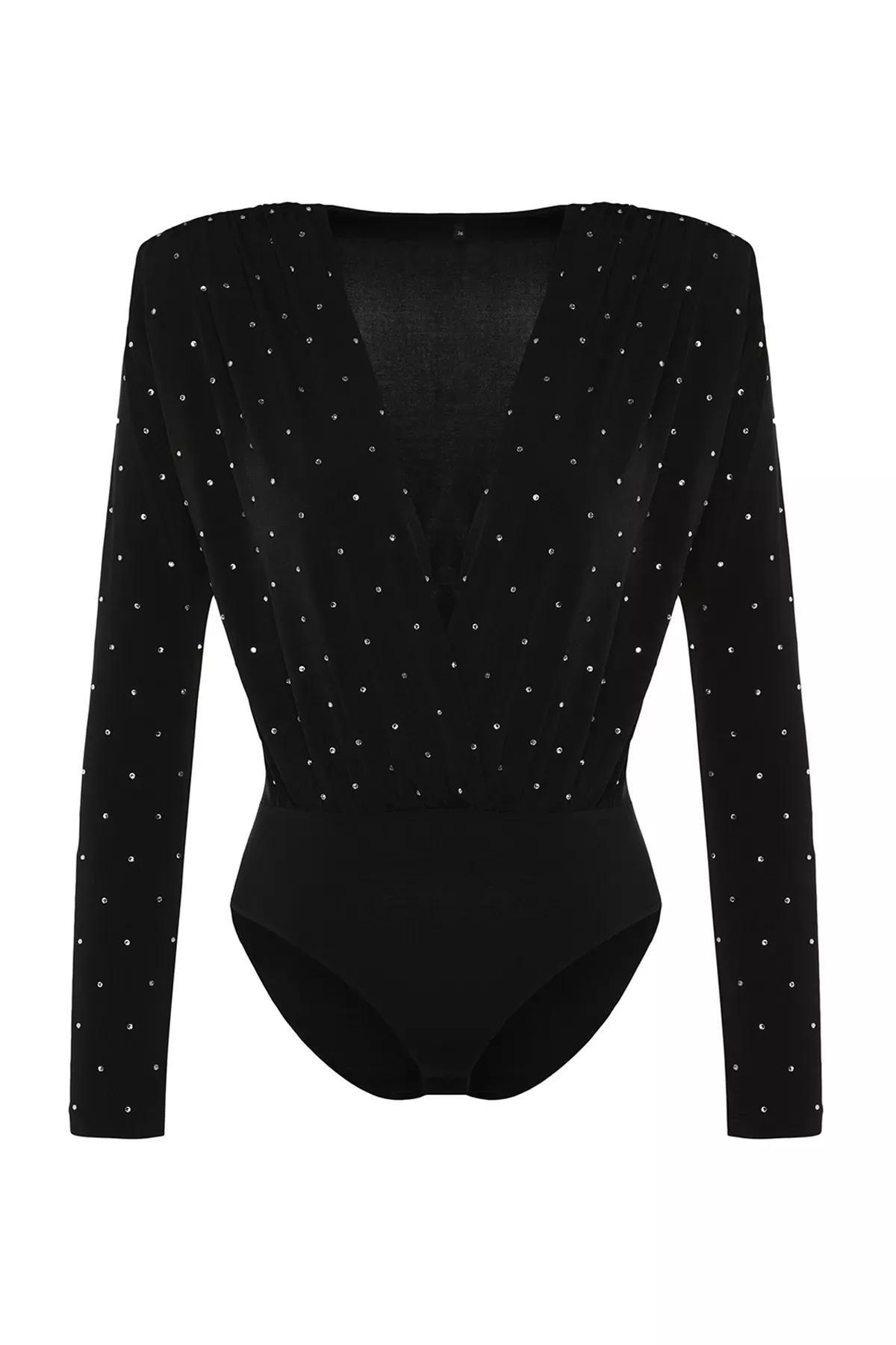 Black Double Breasted Knitted Body, BLACK, large image number 5