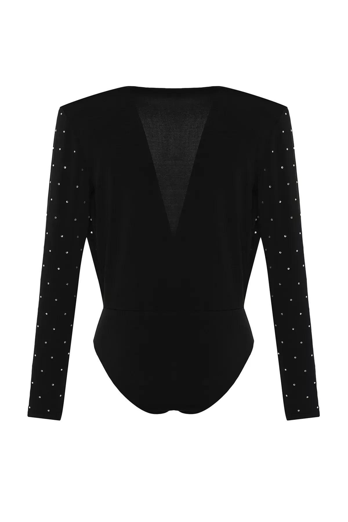 Black Double Breasted Knitted Body, BLACK, large image number 6