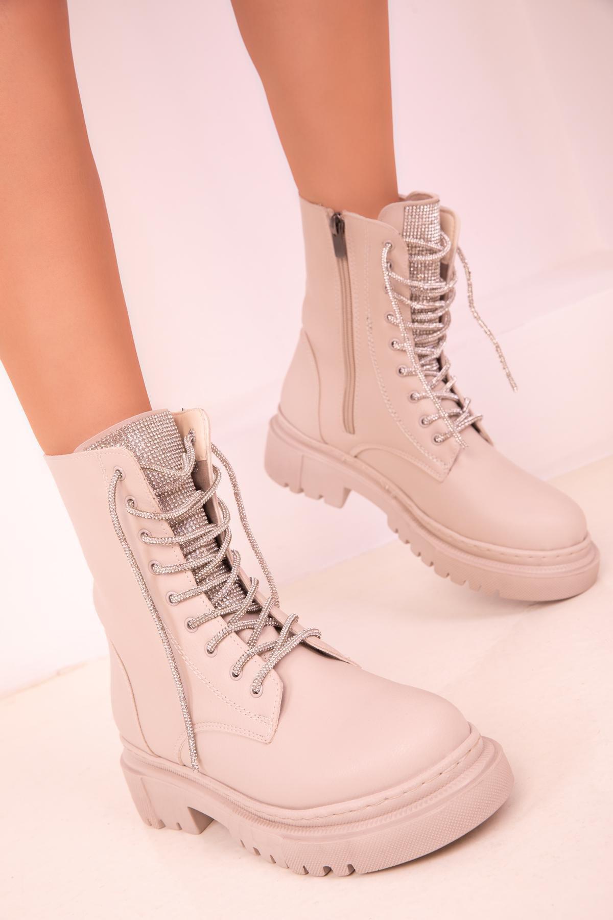 Beige Lace Up Boots, , large image number 3