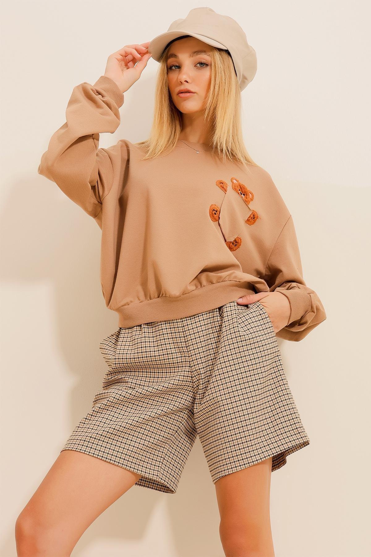 Beige Teddy Bear Embroidered Sweatshirt, CAMEL, large image number 1