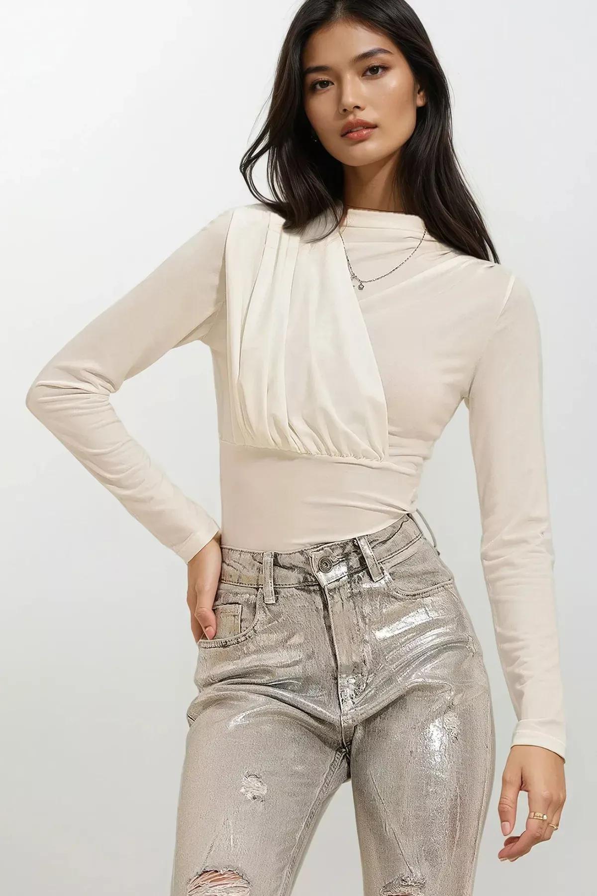 Ecru Stand-Up Collar Sandy Bodysuit, Ecru, large image number 1