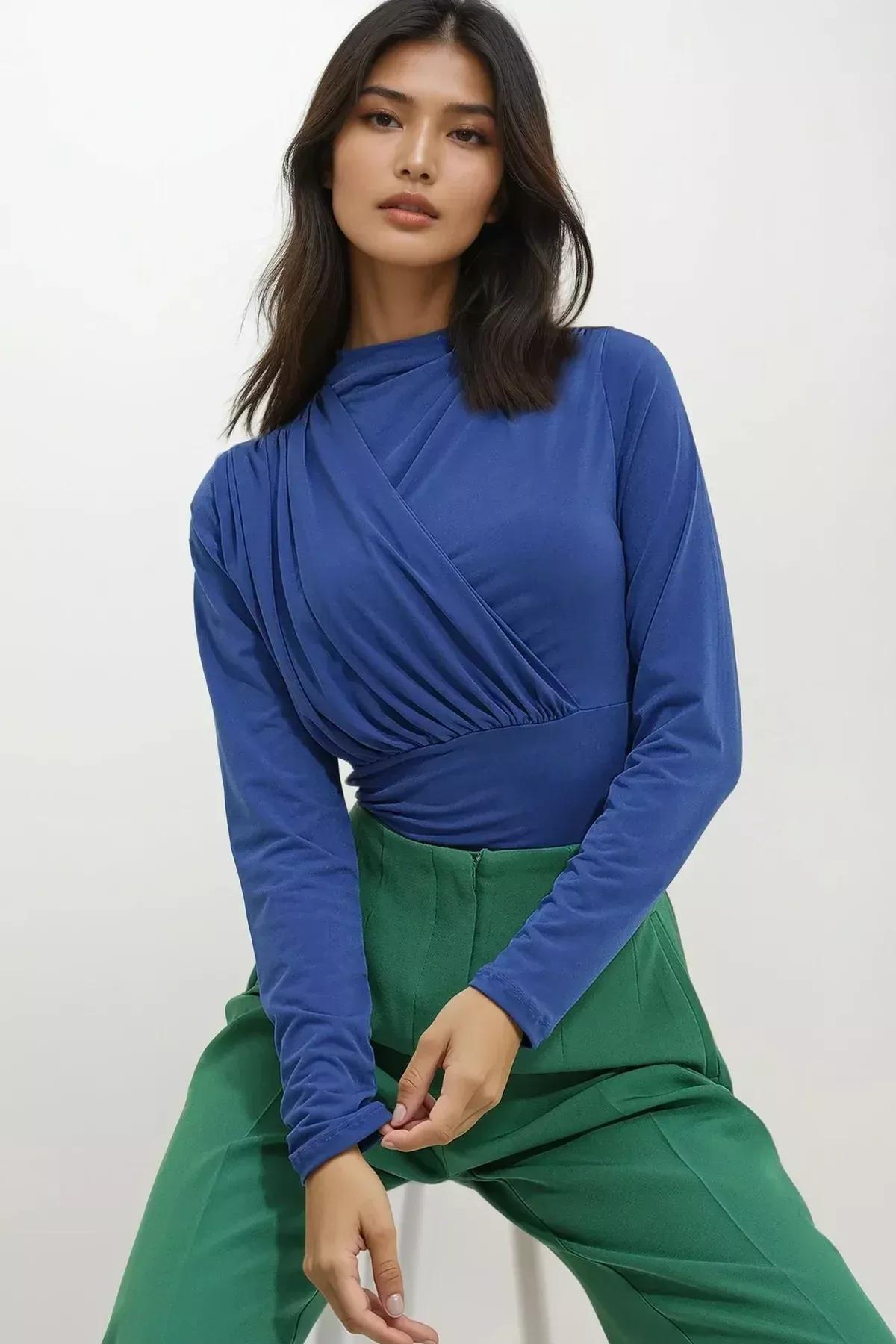 Blue High Neck Draped Sandy Bodysuit, Sax, large image number 3