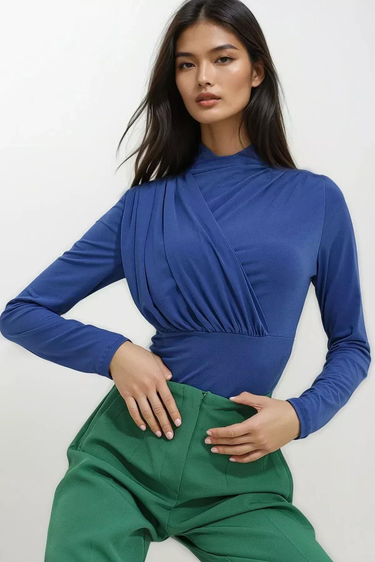 Blue High Neck Draped Sandy Bodysuit, Sax, large image number 7