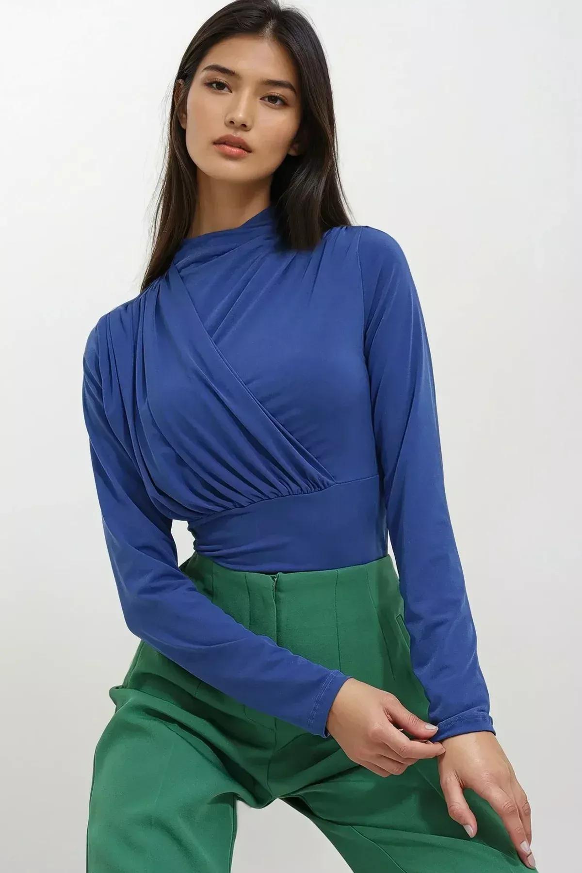 Blue High Neck Draped Sandy Bodysuit, Sax, large image number 9