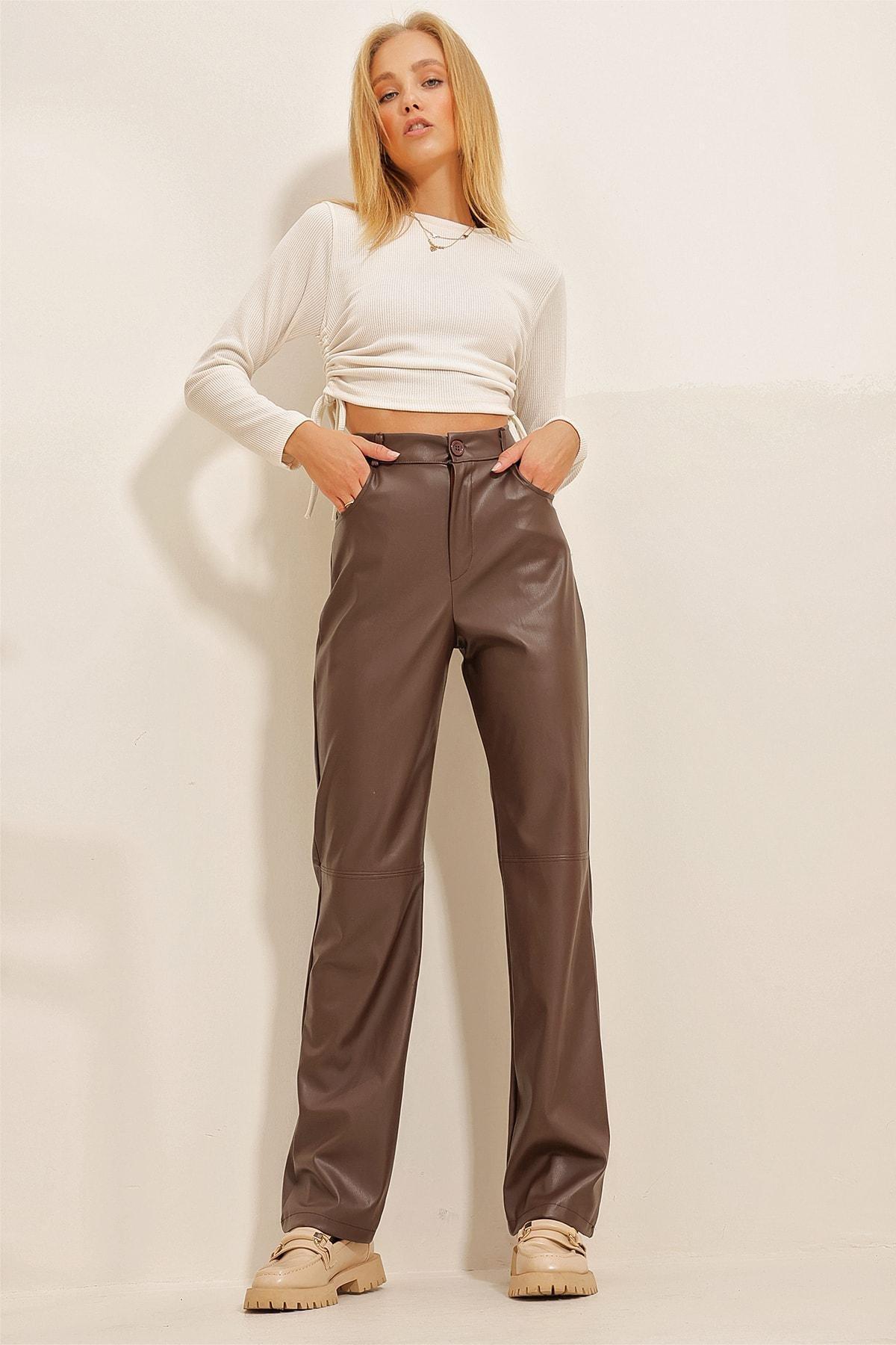 Brown Knee-Stitched Faux Leather Palazzo Pants With Pocket, , large image number 0