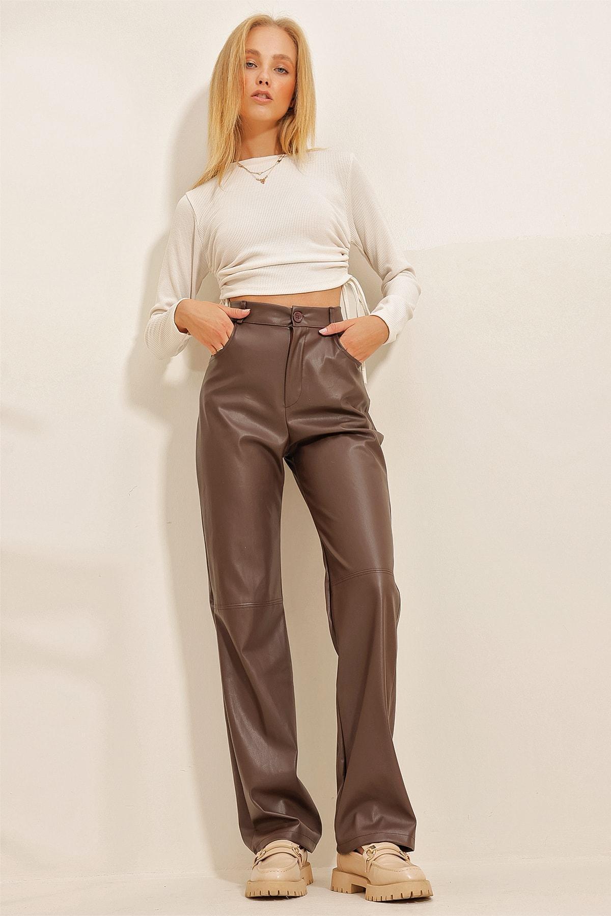 Brown Knee-Stitched Faux Leather Palazzo Pants With Pocket, , large image number 1