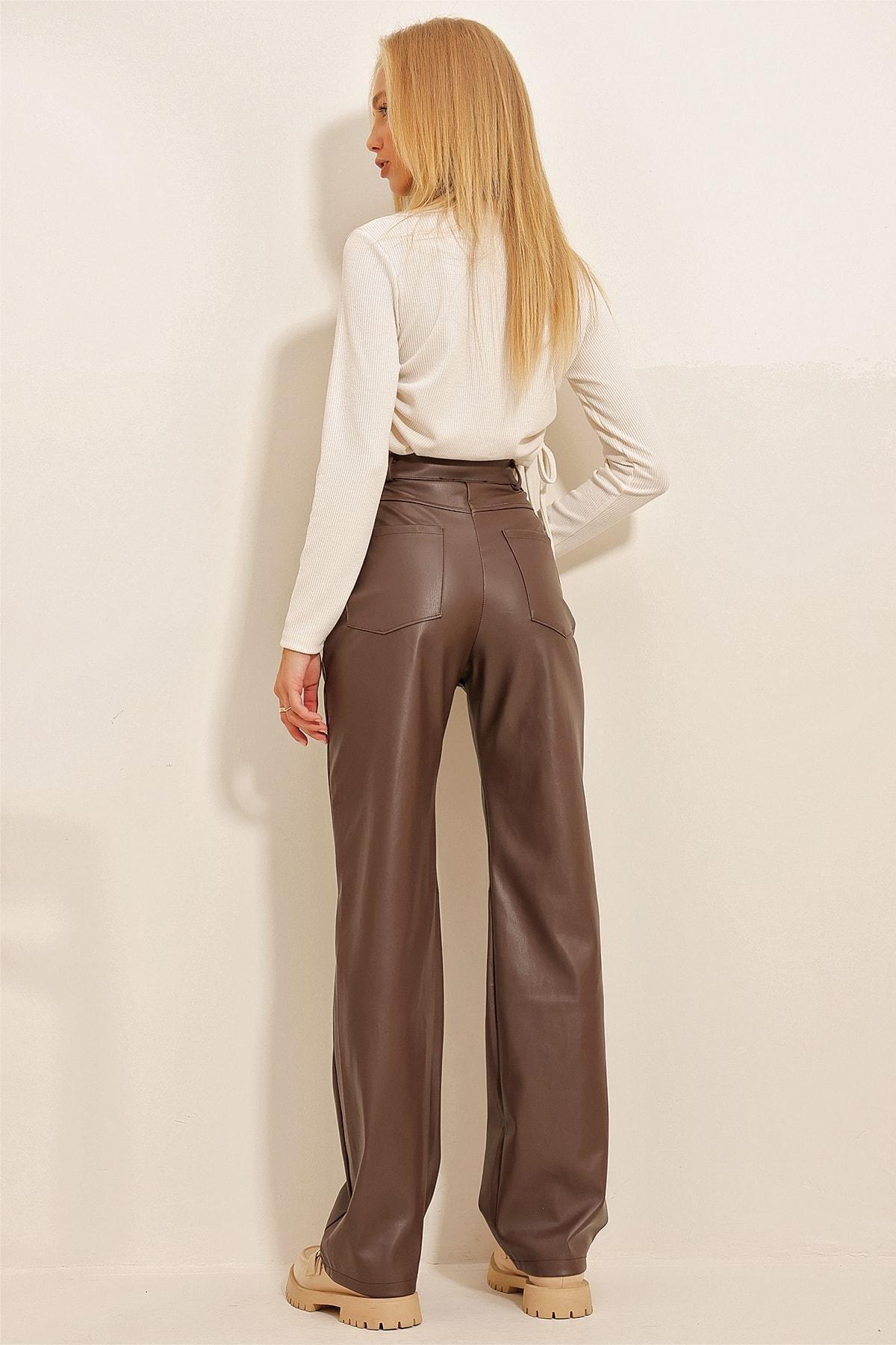 Brown Knee-Stitched Faux Leather Palazzo Pants With Pocket, , large image number 2