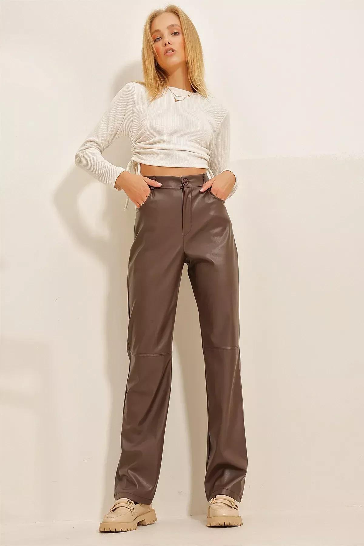 Brown Knee-Stitched Faux Leather Palazzo Pants With Pocket, , large image number 3