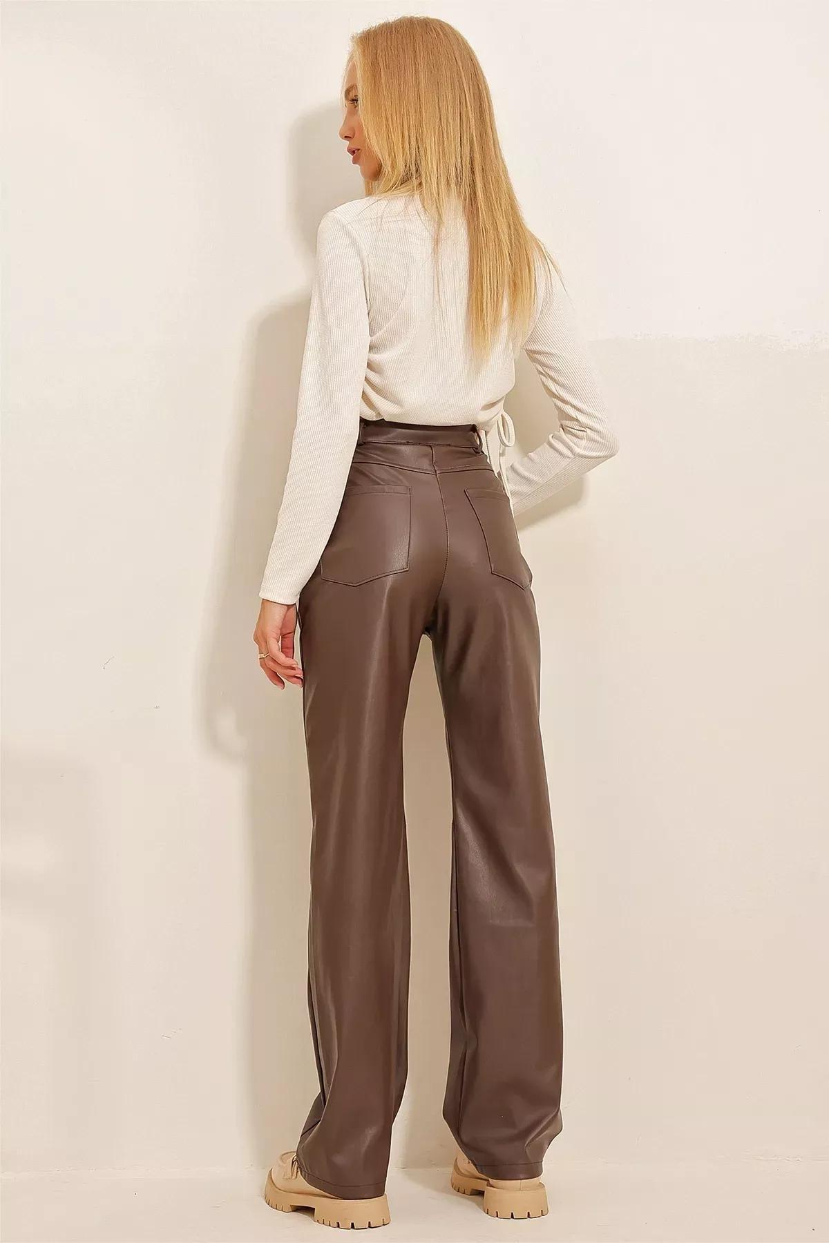 Brown Knee-Stitched Faux Leather Palazzo Pants With Pocket, , large image number 6