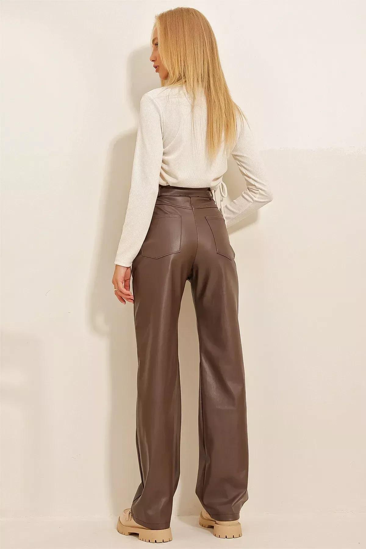 Brown Knee-Stitched Faux Leather Palazzo Pants With Pocket, , large image number 7