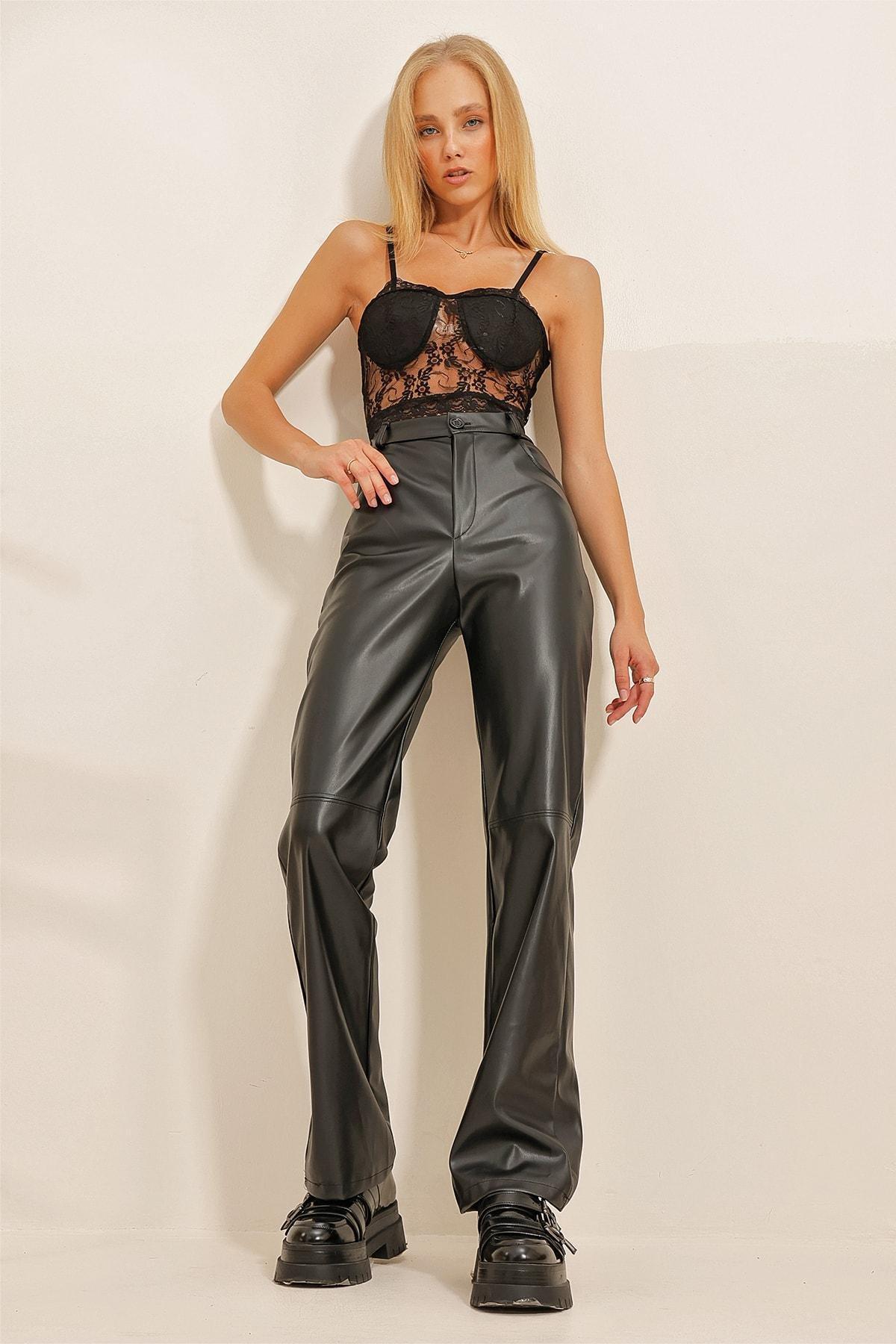 Black Faux Leather Palazzo Pants, , large image number 1