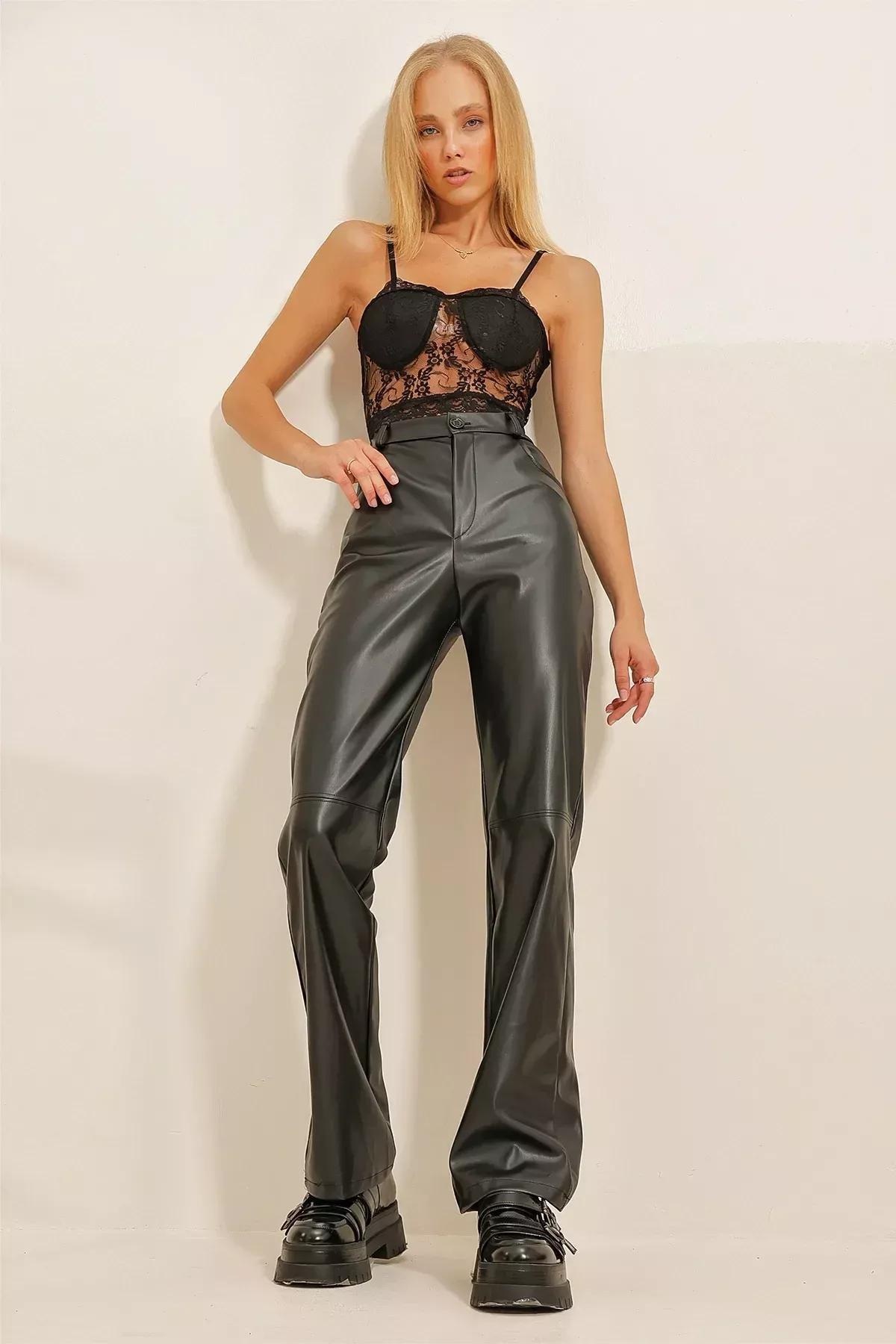 Black Faux Leather Palazzo Pants, BLACK, medium