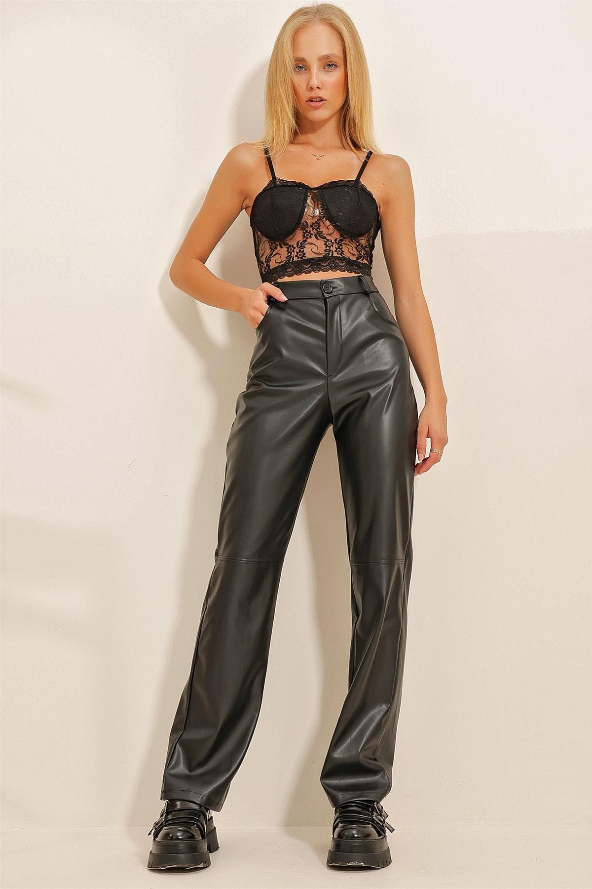 Black Faux Leather Palazzo Pants, , large image number 3