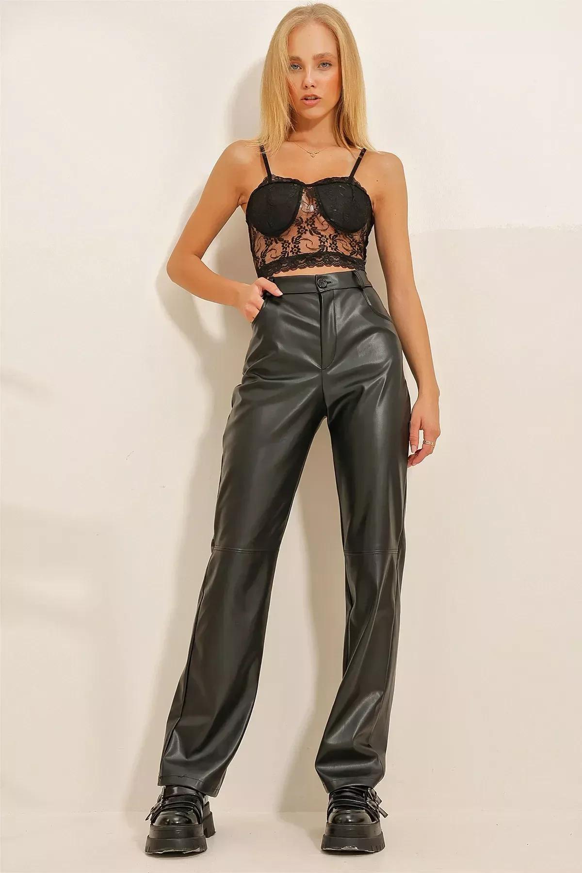 Black Faux Leather Palazzo Pants, , large image number 7