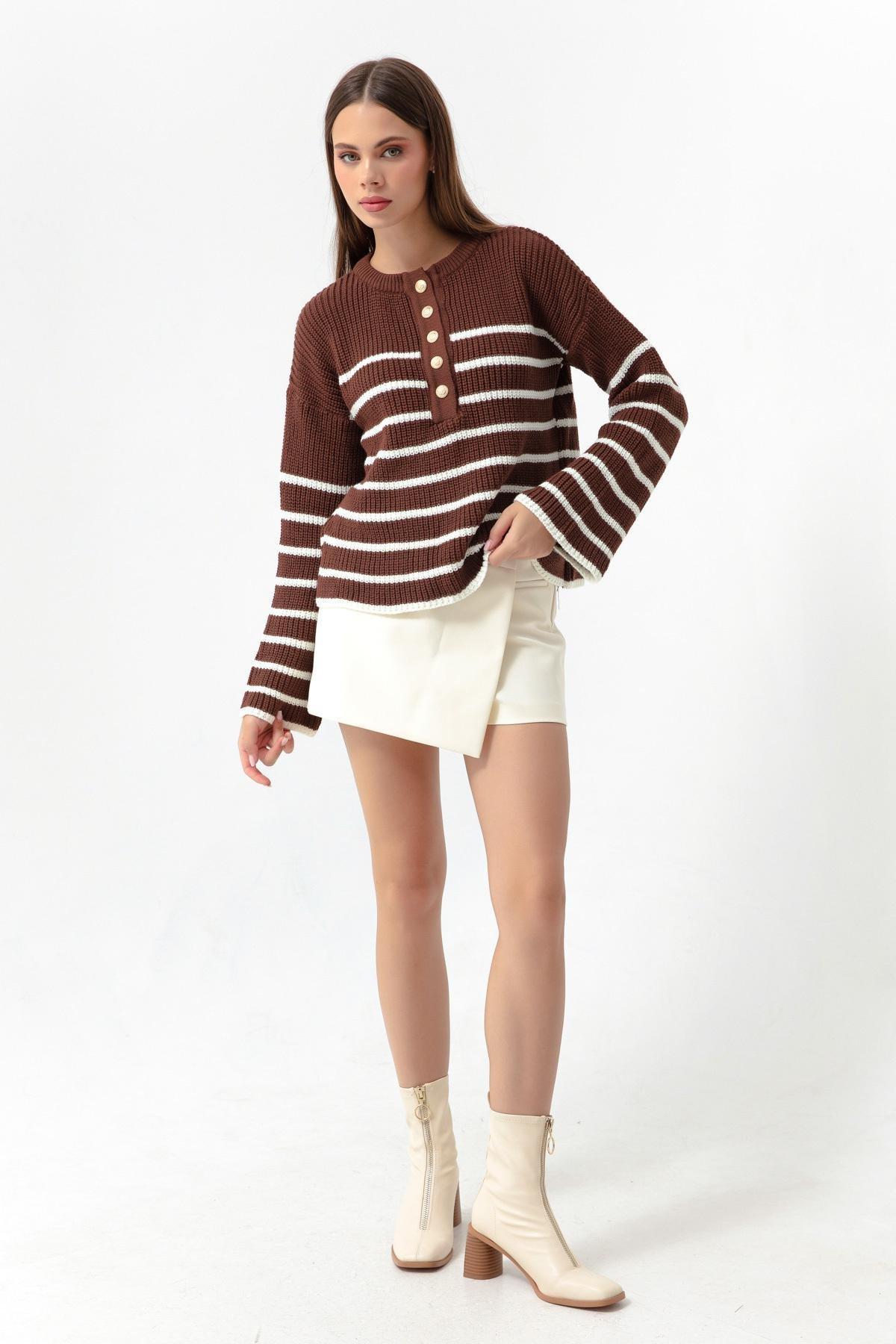 Lafaba - Brown Striped Gold Button Detailed Knitwear Sweater