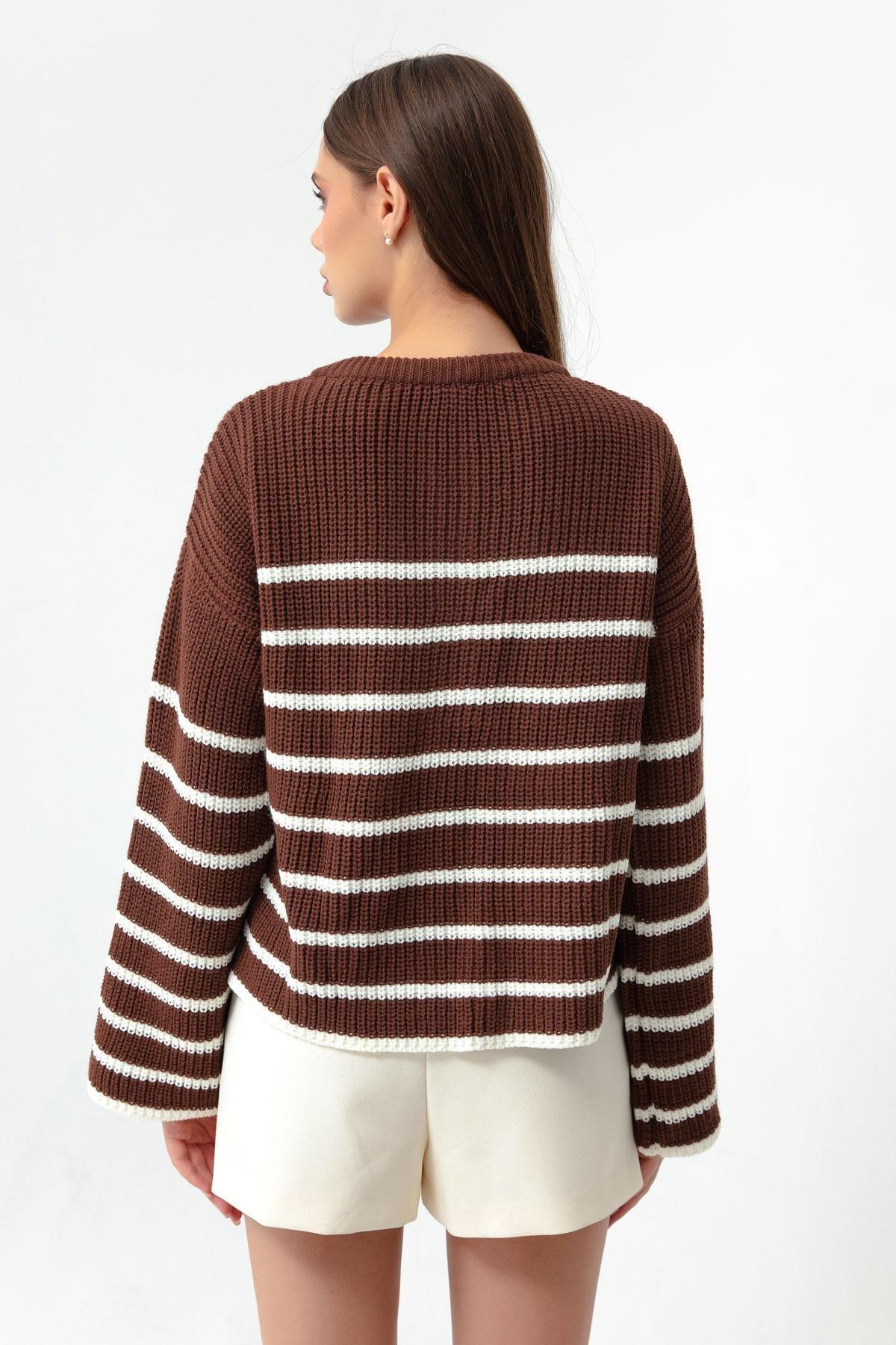 Lafaba - Brown Striped Gold Button Detailed Knitwear Sweater