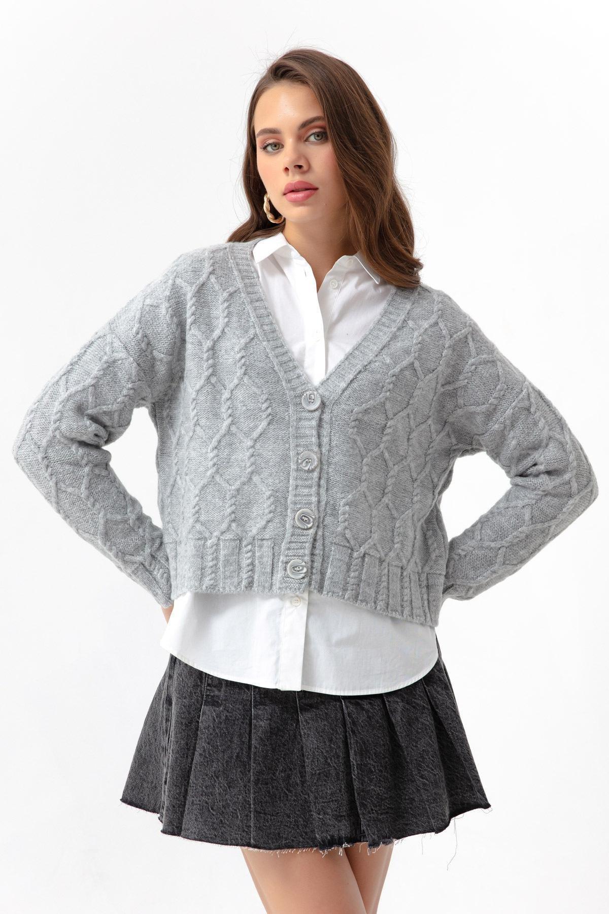 Lafaba - Gray Knitted Detailed Cardigan