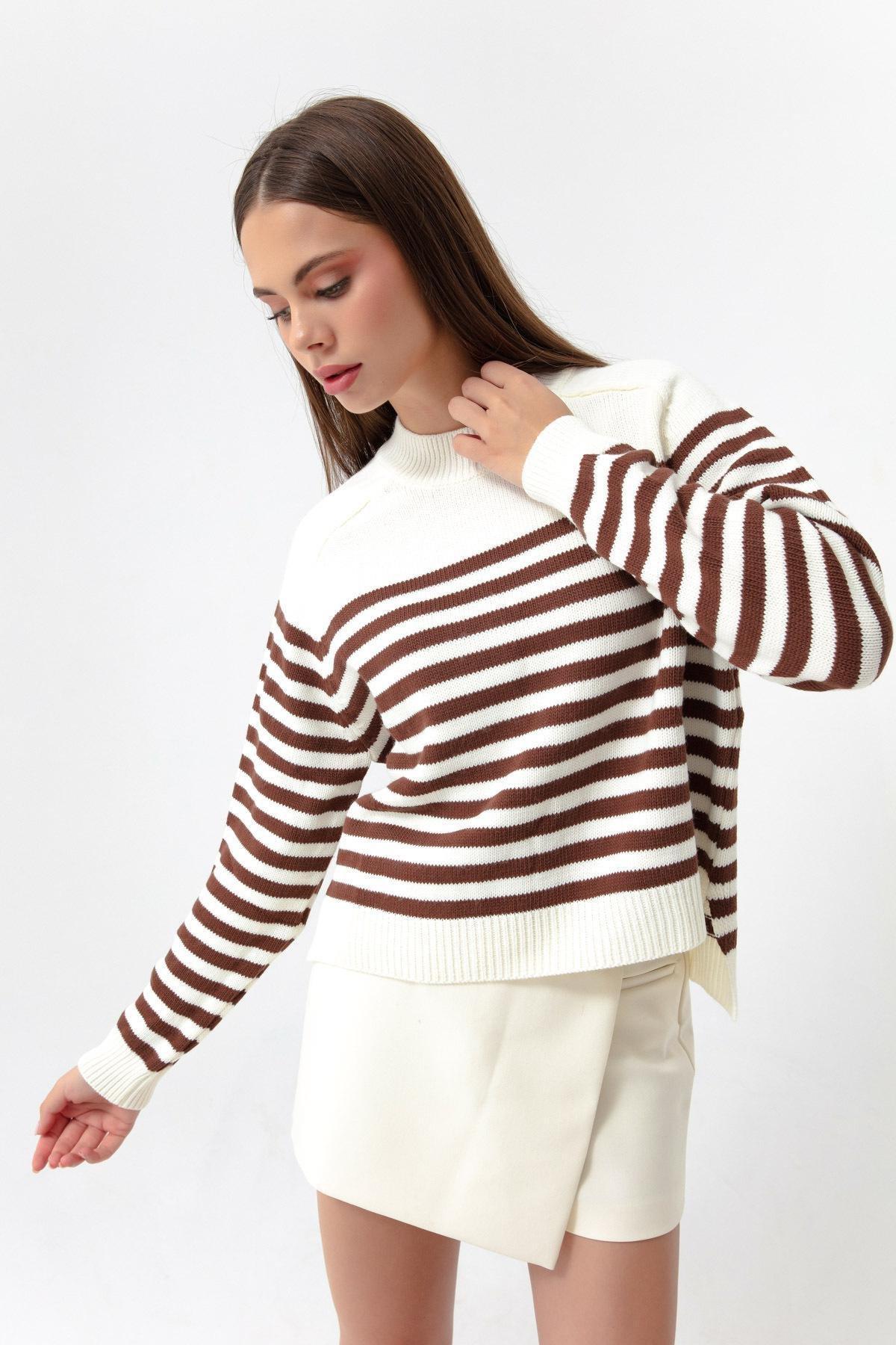 Lafaba - Brown Turtleneck Striped Knitwear Sweater