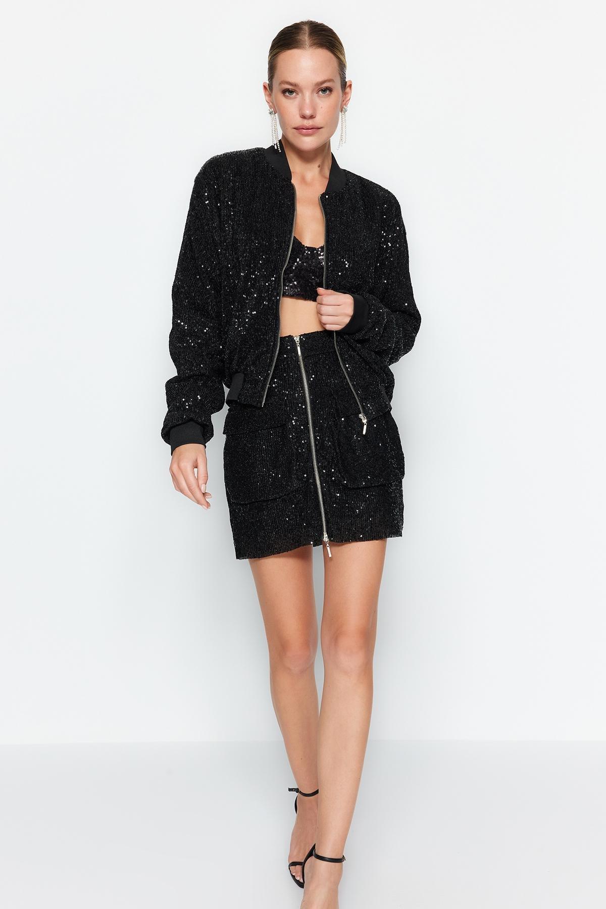 Black Sequin Bomber Jacket, , large image number 0