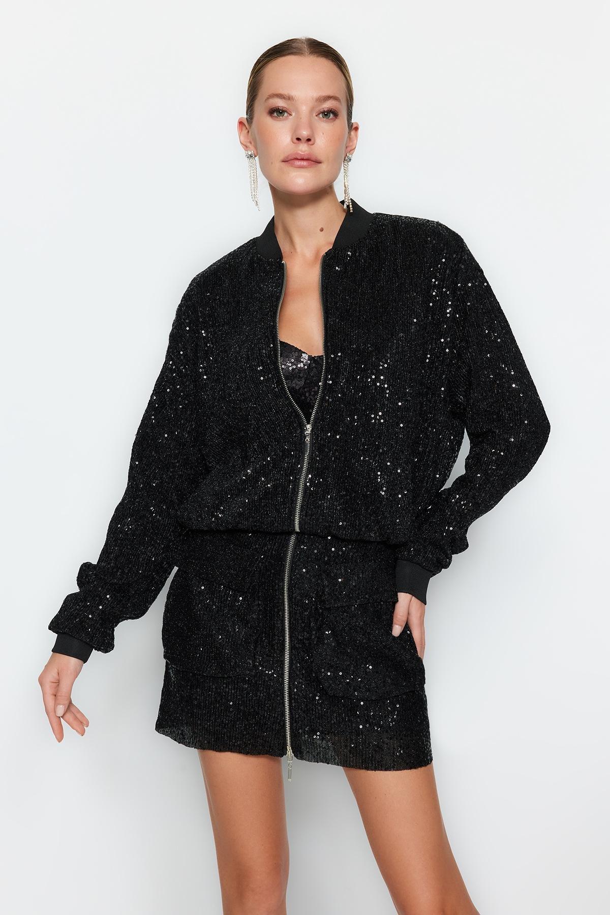 Black Sequin Bomber Jacket, , large image number 1