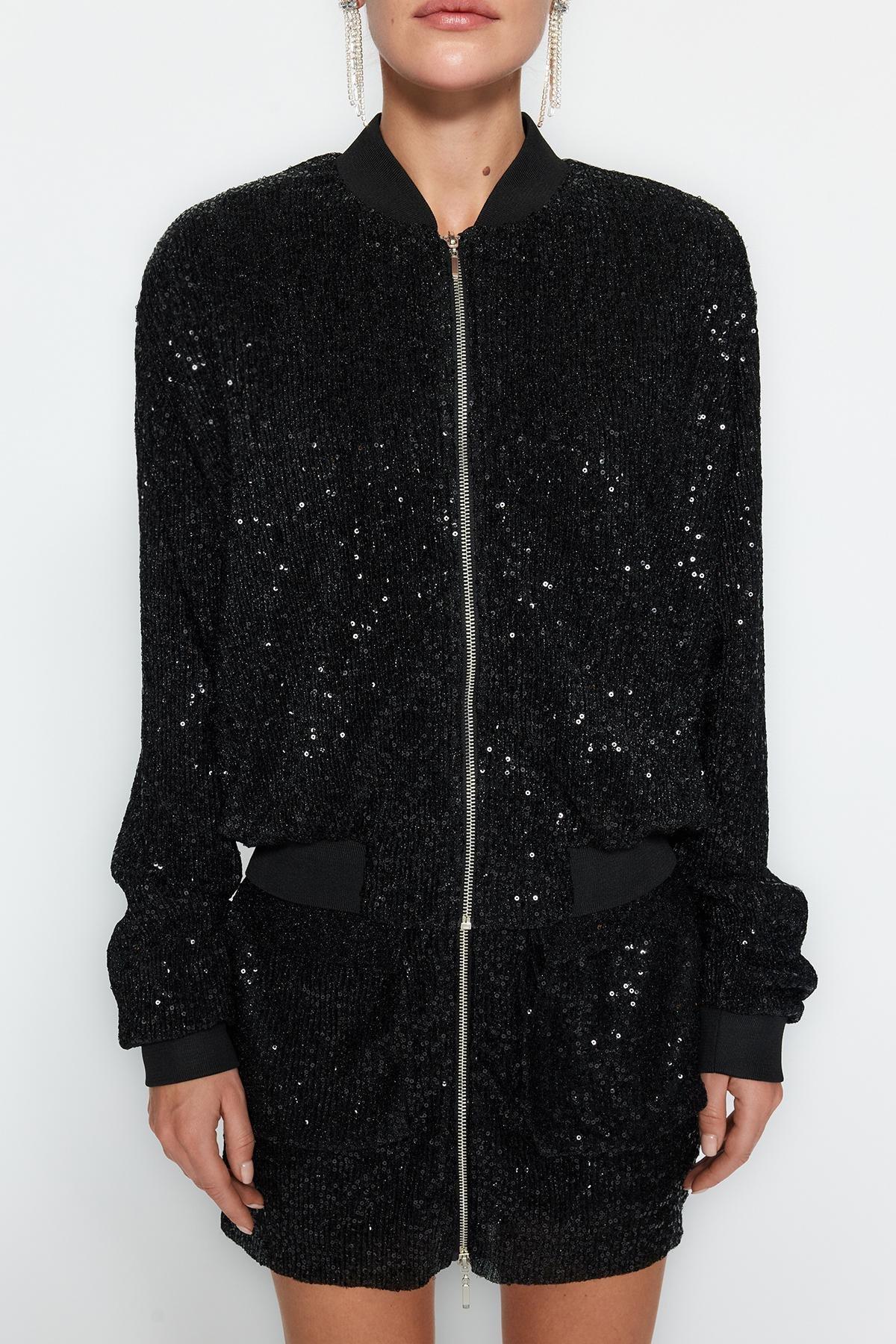Black Sequin Bomber Jacket, , large image number 3
