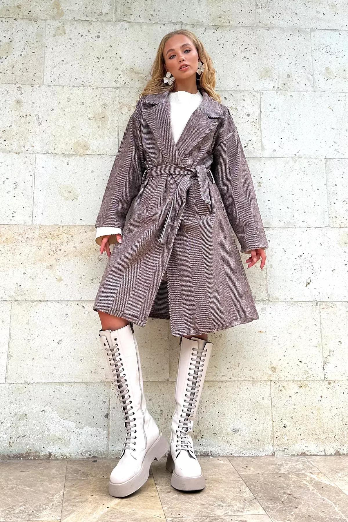 Brown Double Breasted Belted Patterned Coat, , large image number 0