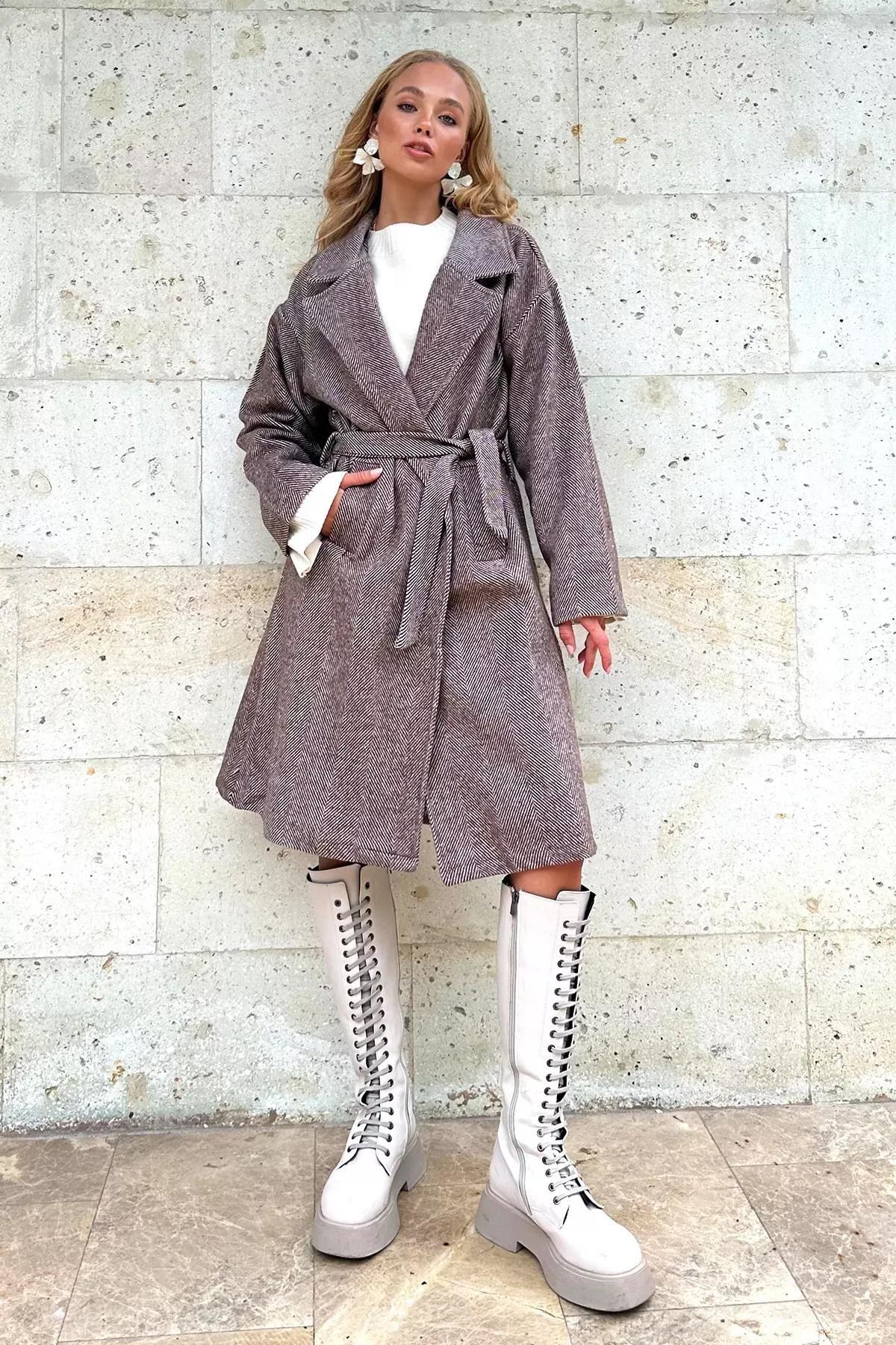 Brown Double Breasted Belted Patterned Coat, , large image number 1