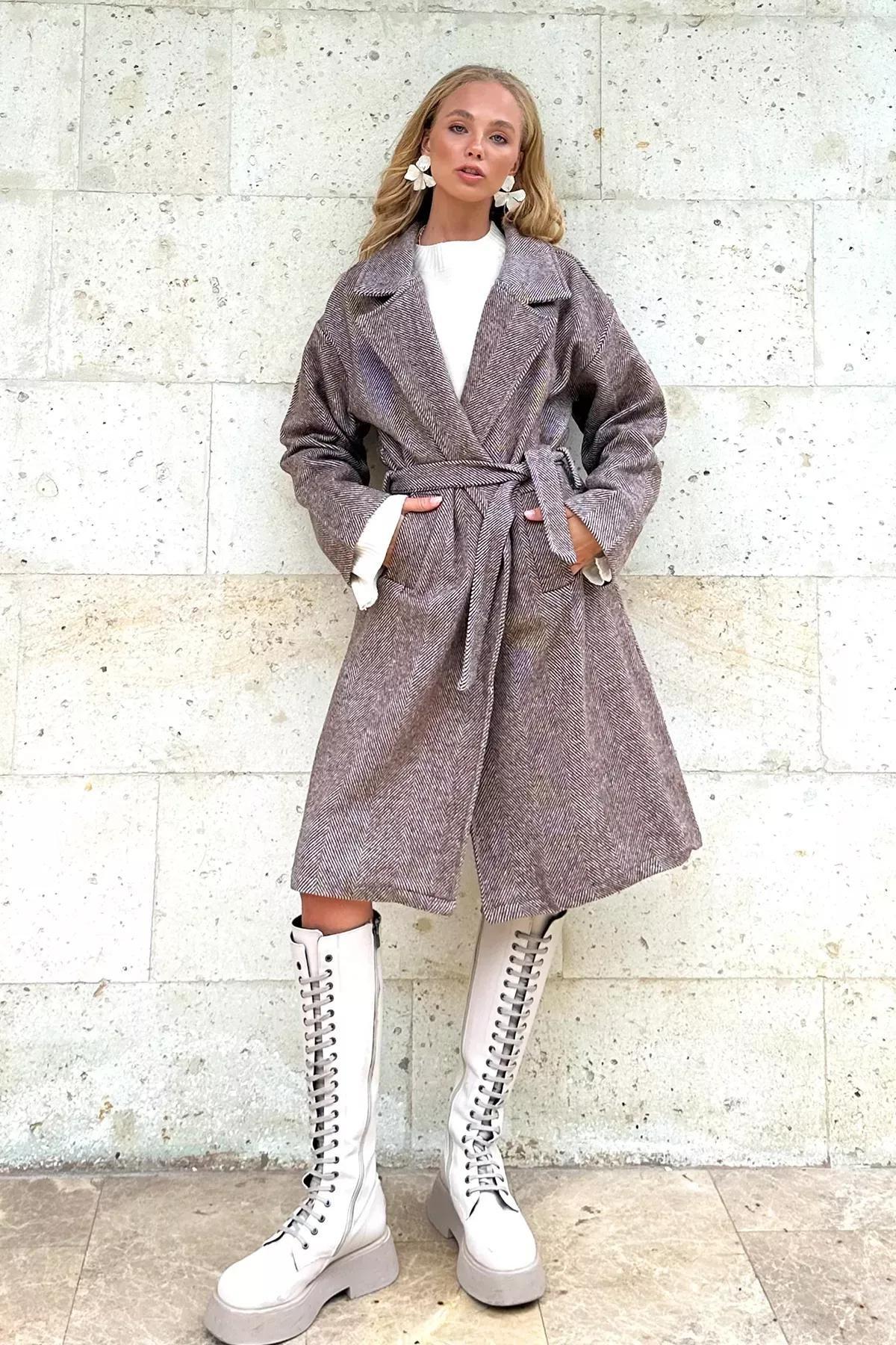 Brown Double Breasted Belted Patterned Coat, , large image number 2