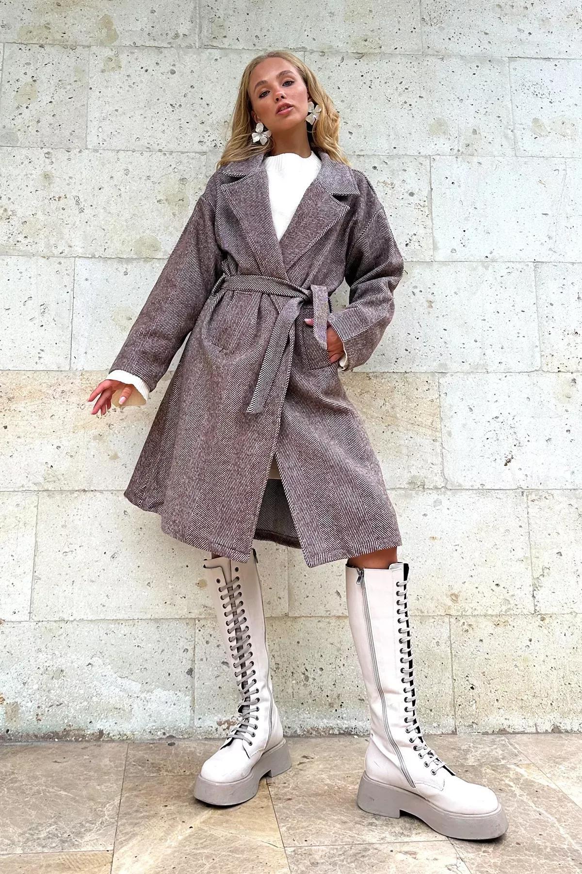 Brown Double Breasted Belted Patterned Coat, , large image number 3
