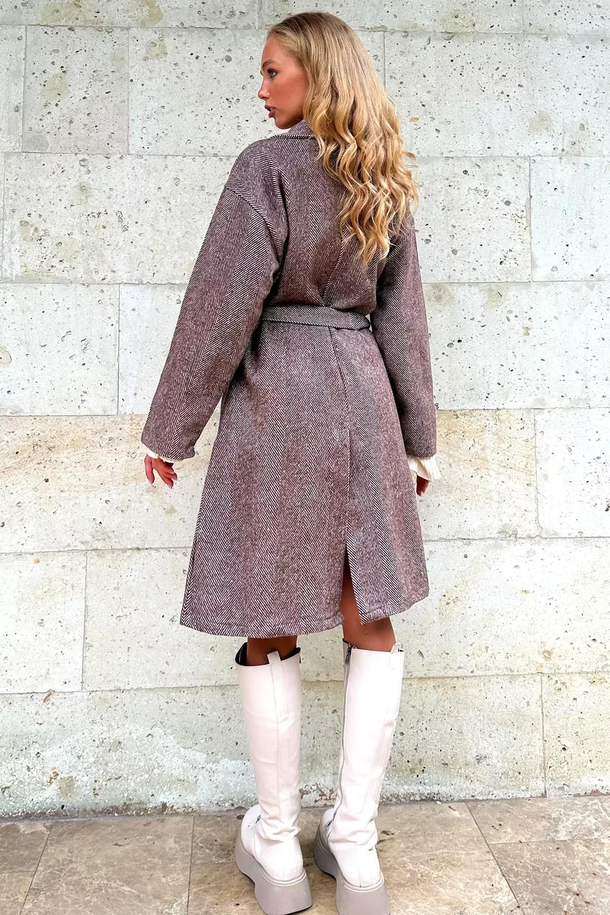 Brown Double Breasted Belted Patterned Coat, , large image number 4