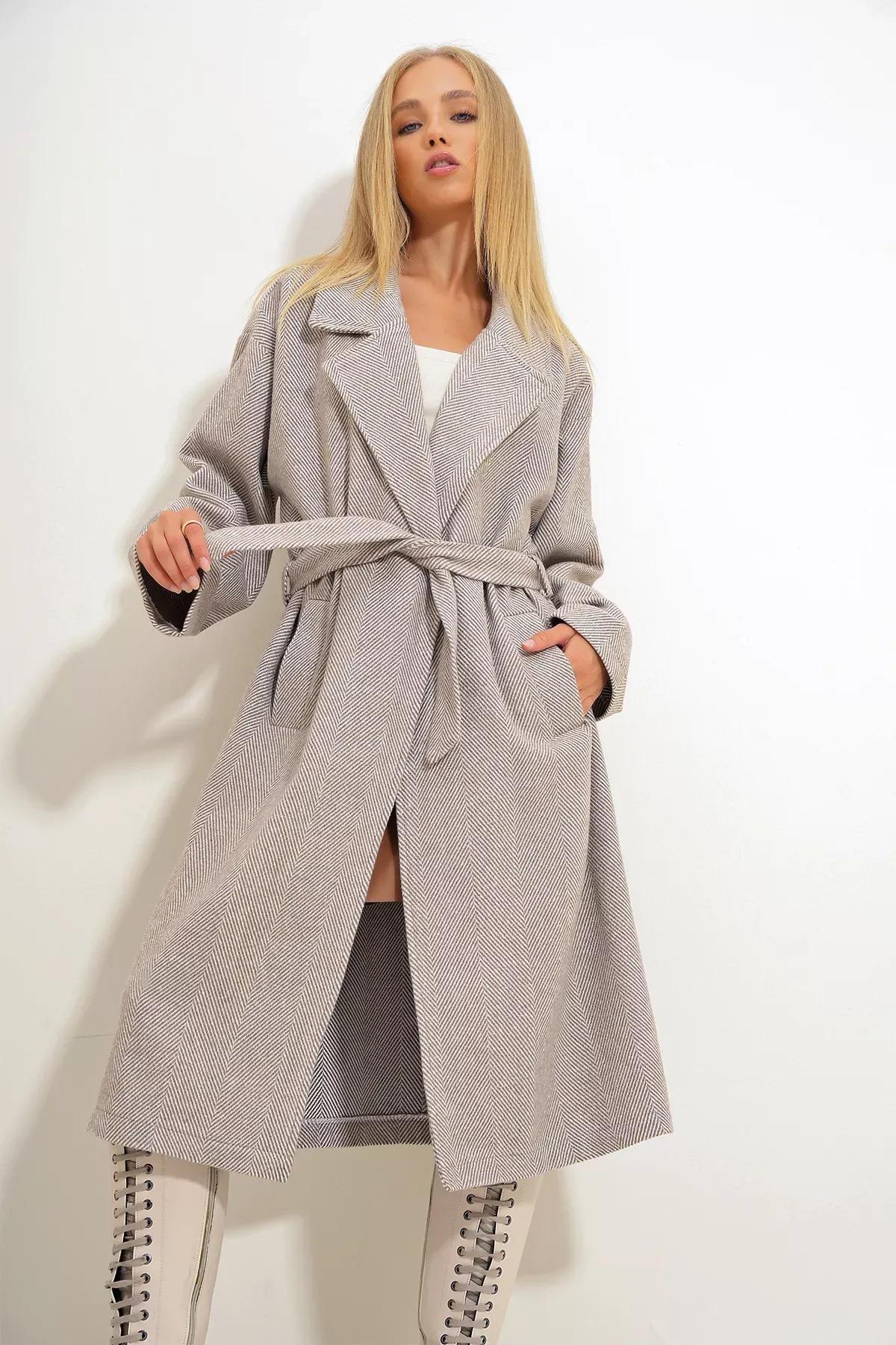 Beige Double Breasted Coat, , large image number 3